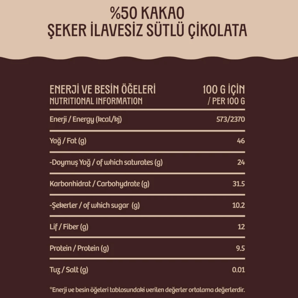 Şeker İlavesiz Stevialı Sütlü Çikolata - %50 KakaoŞekersiz Çikolatalar