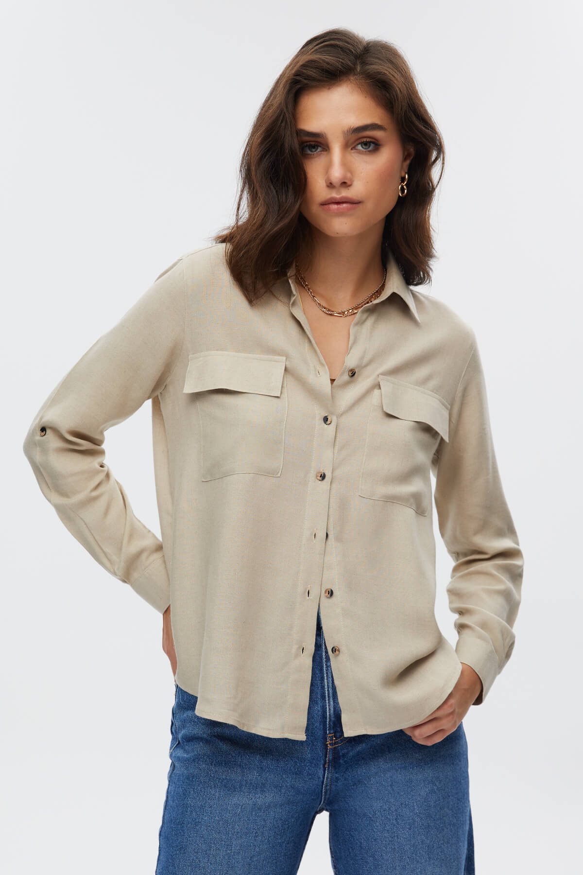 Bej Çift Cep Kapaklı Gömlek