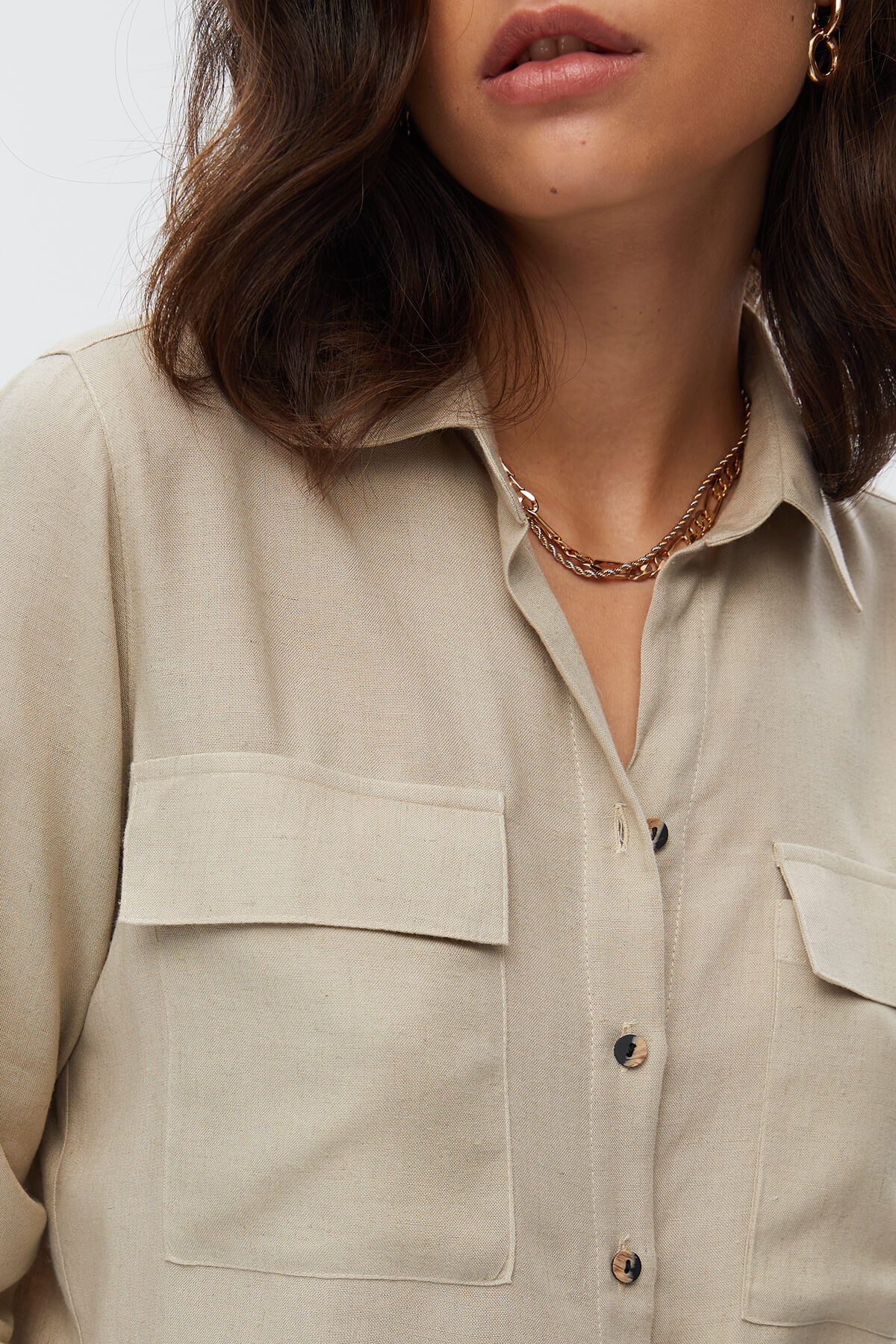 Bej Çift Cep Kapaklı Gömlek