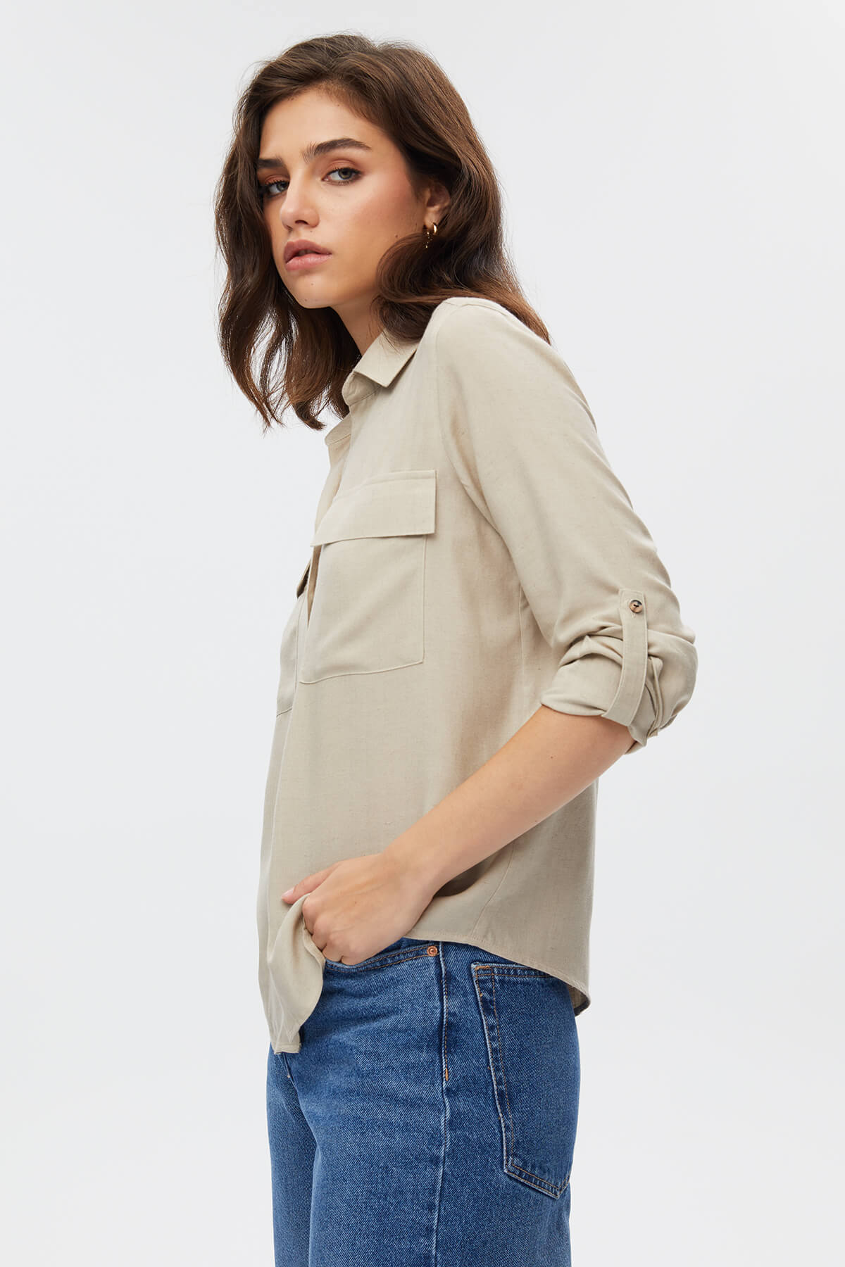 Bej Çift Cep Kapaklı Gömlek