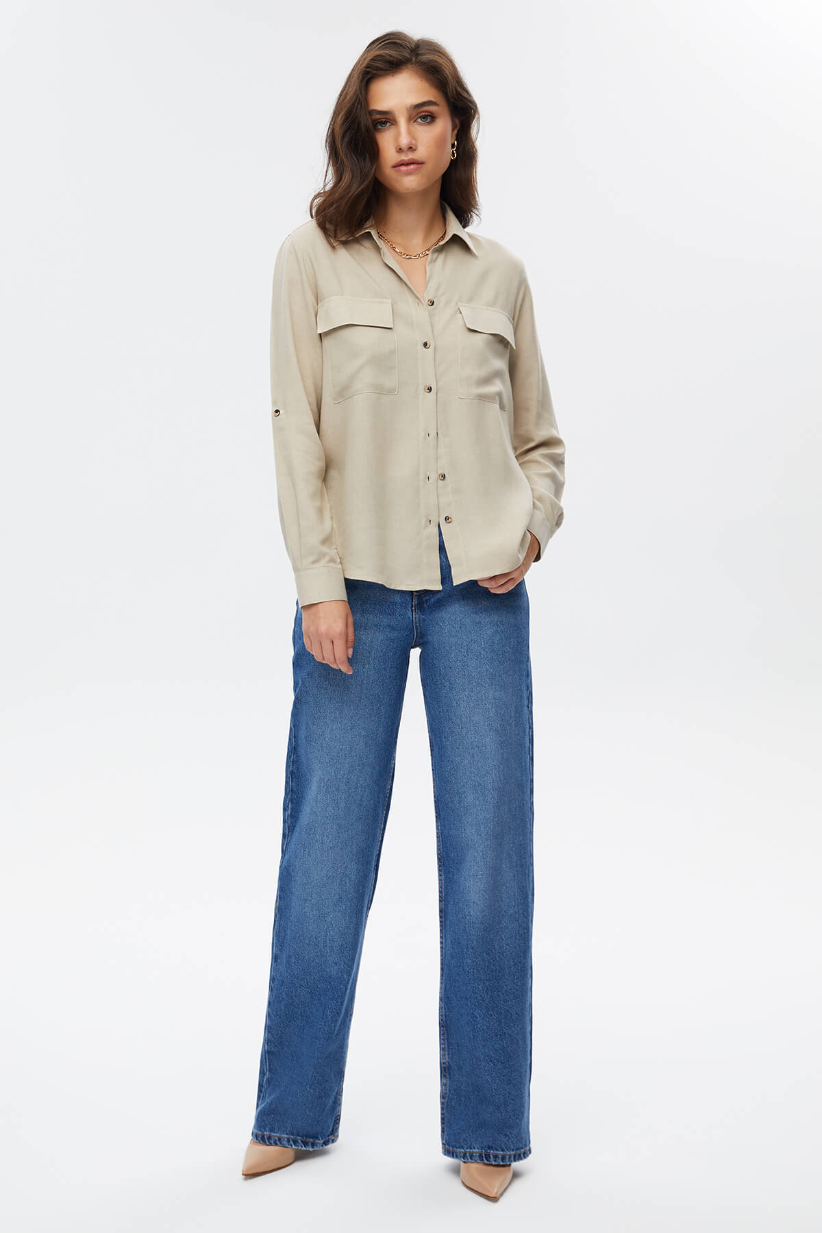 Bej Çift Cep Kapaklı Gömlek