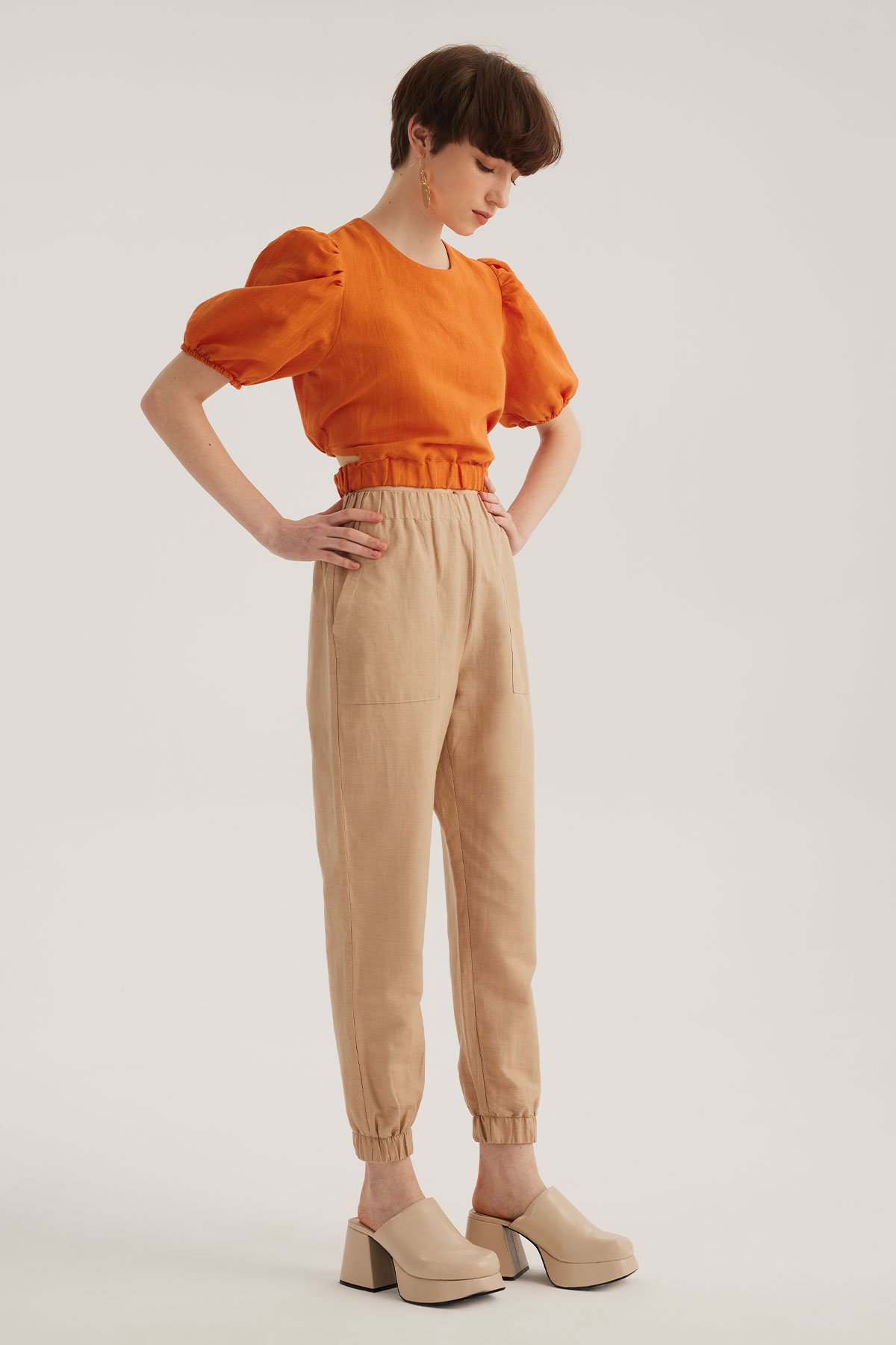 Bej Keten Karışımlı Jogger Pantolon