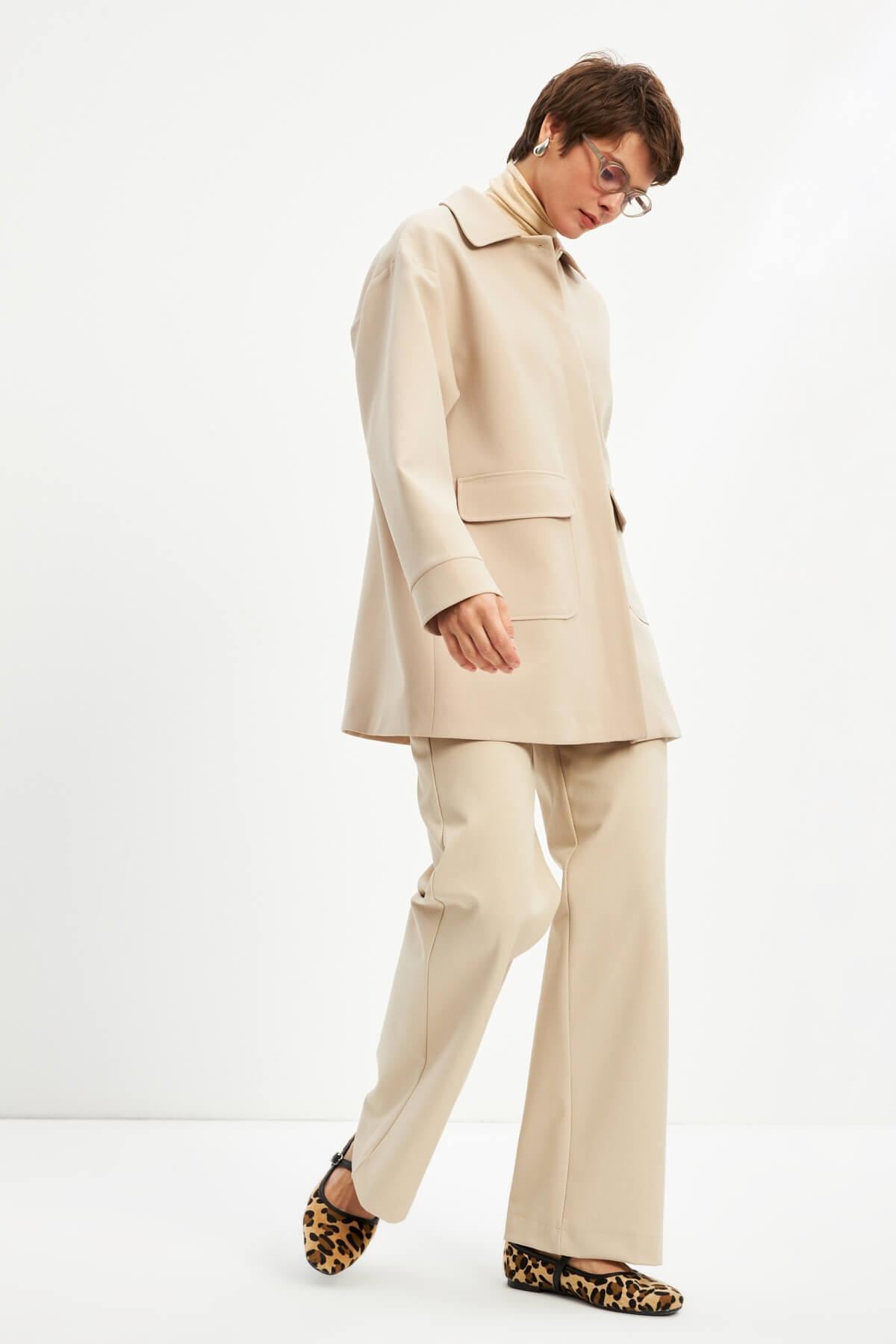 Ekru Basic Astarlı Uzun Ceket