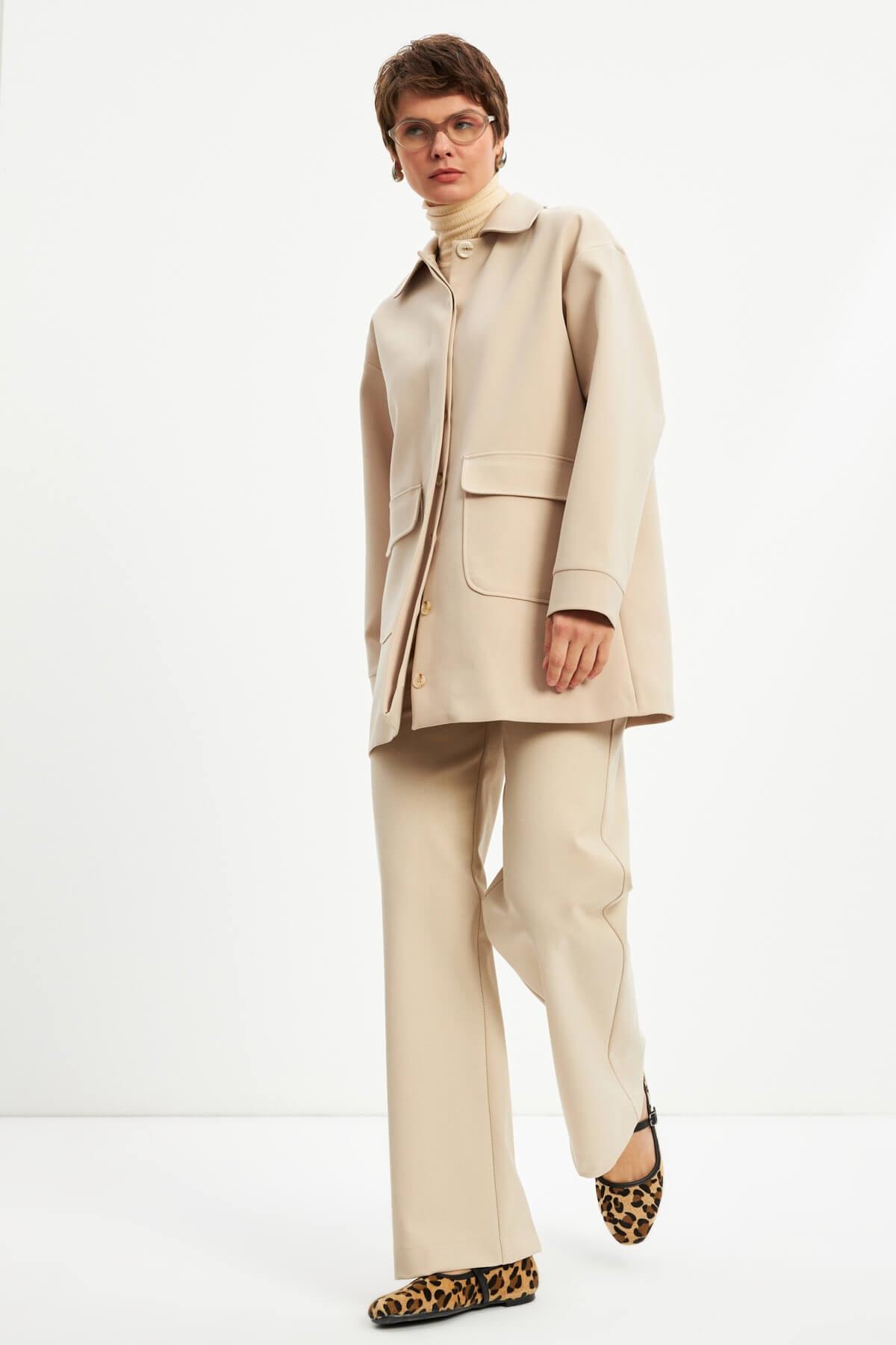 Ekru Basic Astarlı Uzun Ceket