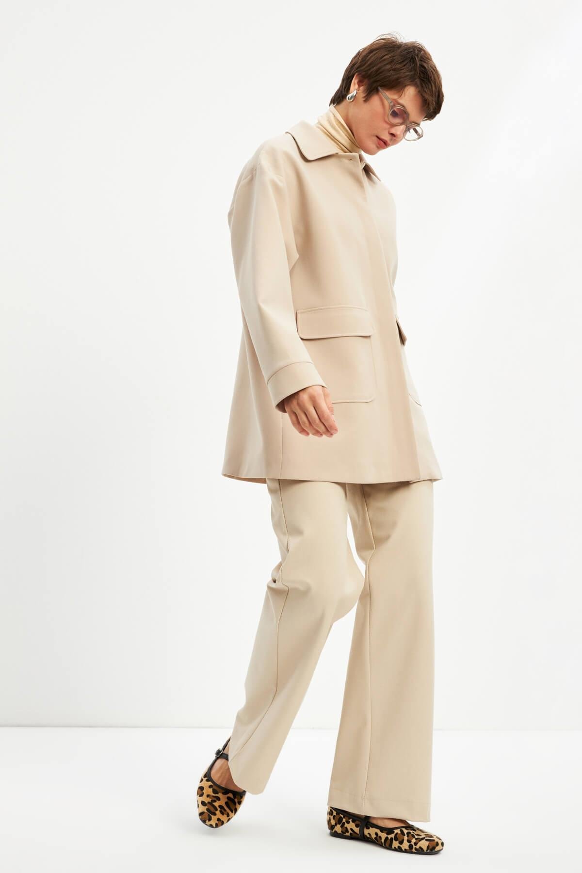 Ekru Basic Astarlı Uzun Ceket