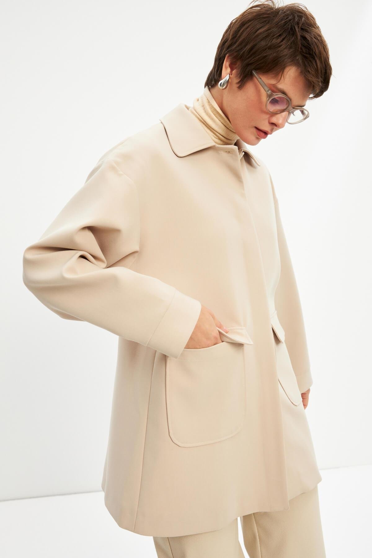 Ekru Basic Astarlı Uzun Ceket