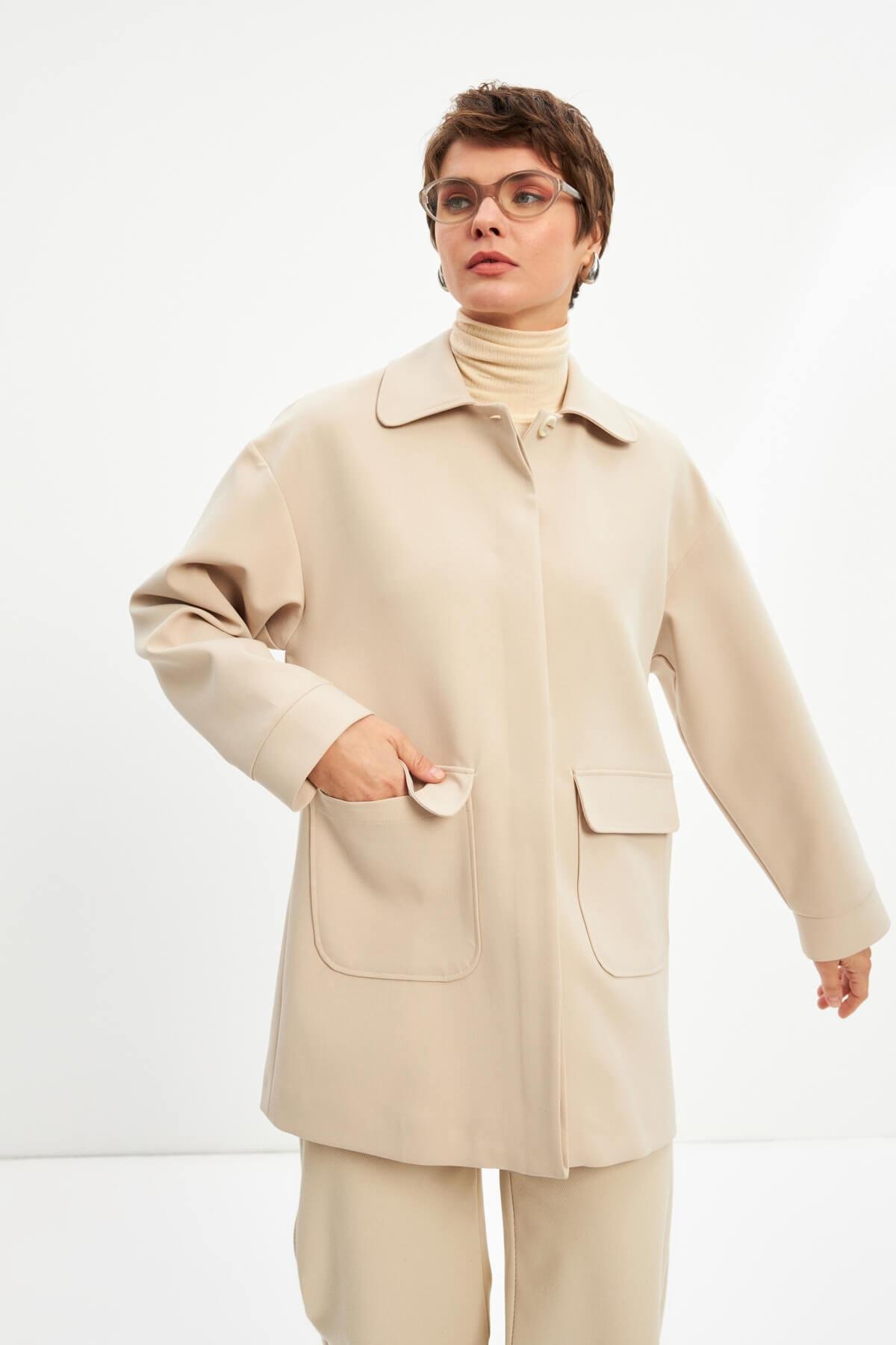 Ekru Basic Astarlı Uzun Ceket