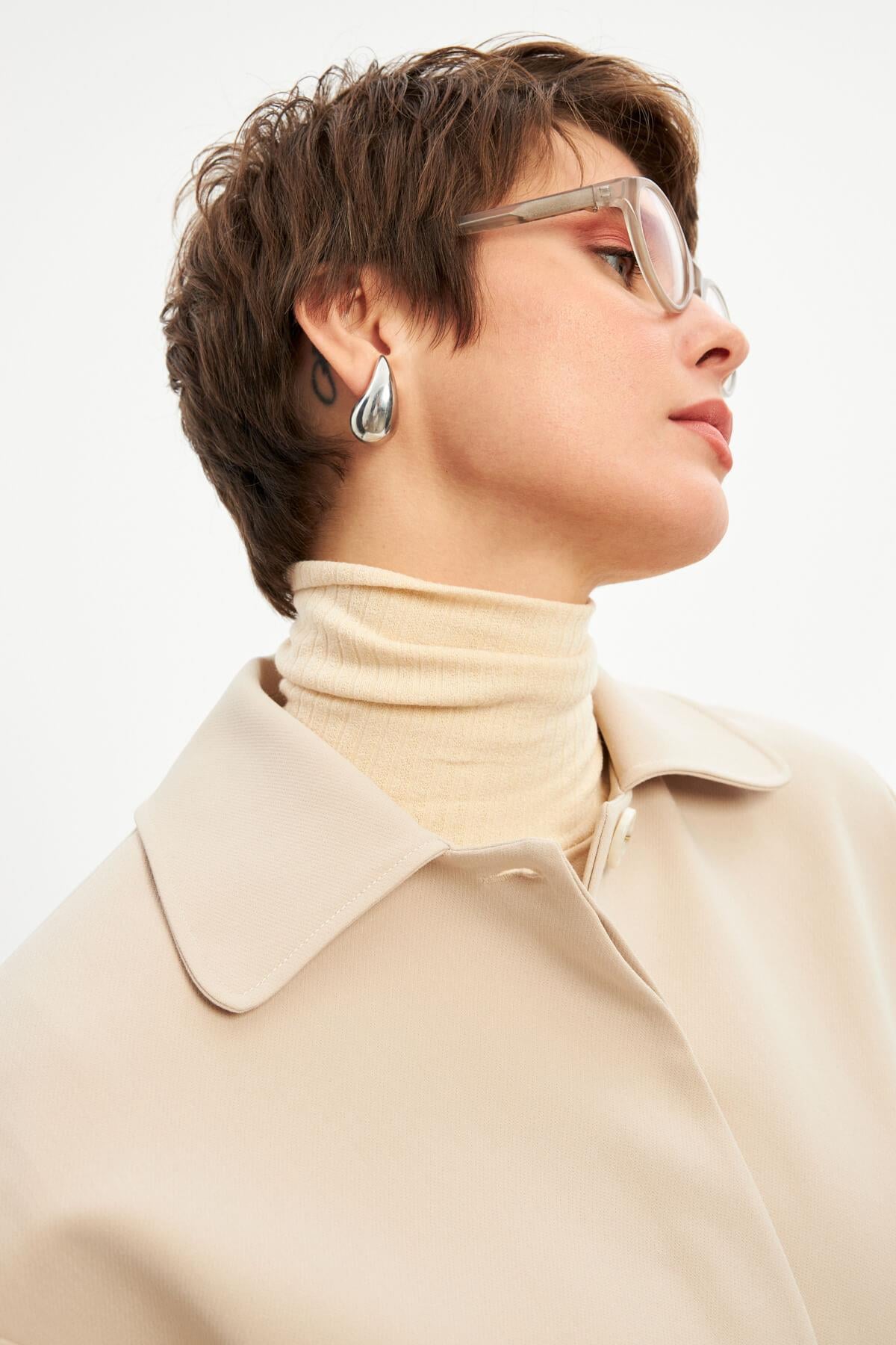 Ekru Basic Astarlı Uzun Ceket