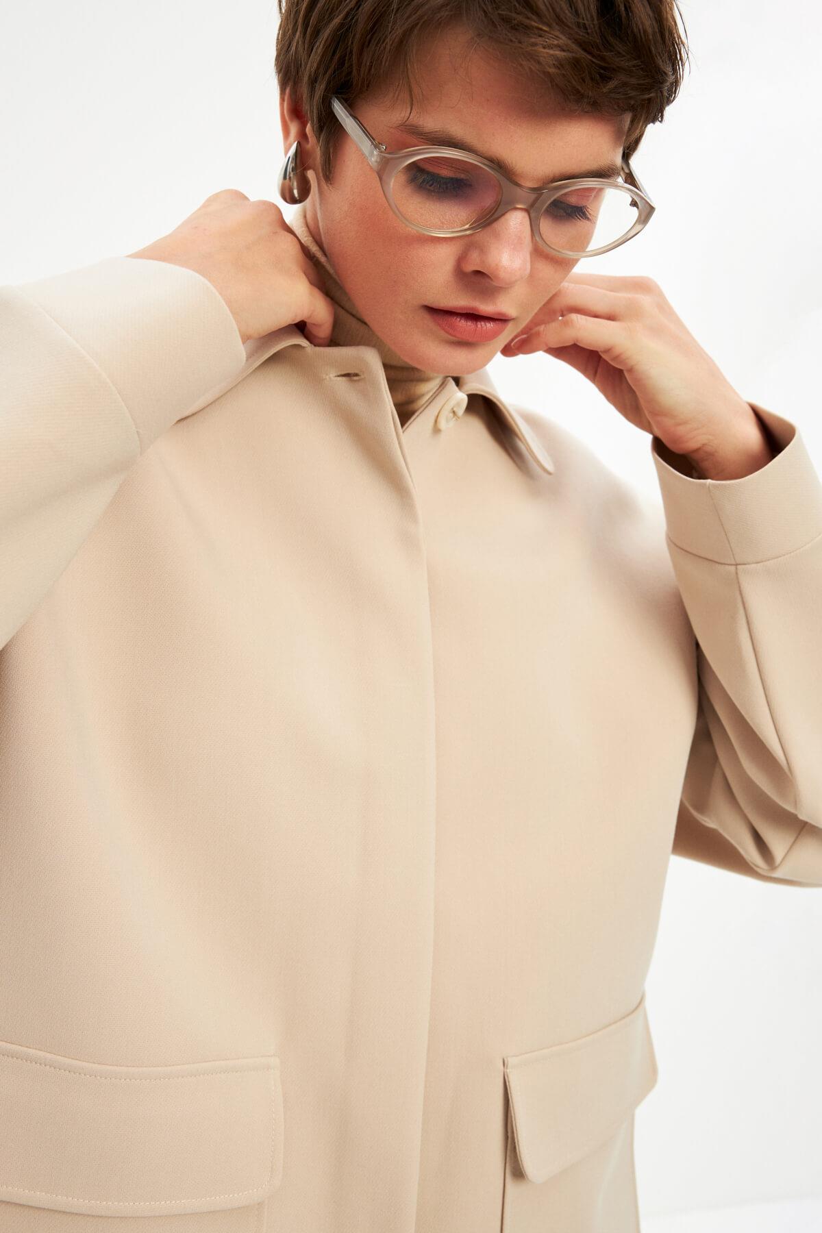 Ekru Basic Astarlı Uzun Ceket