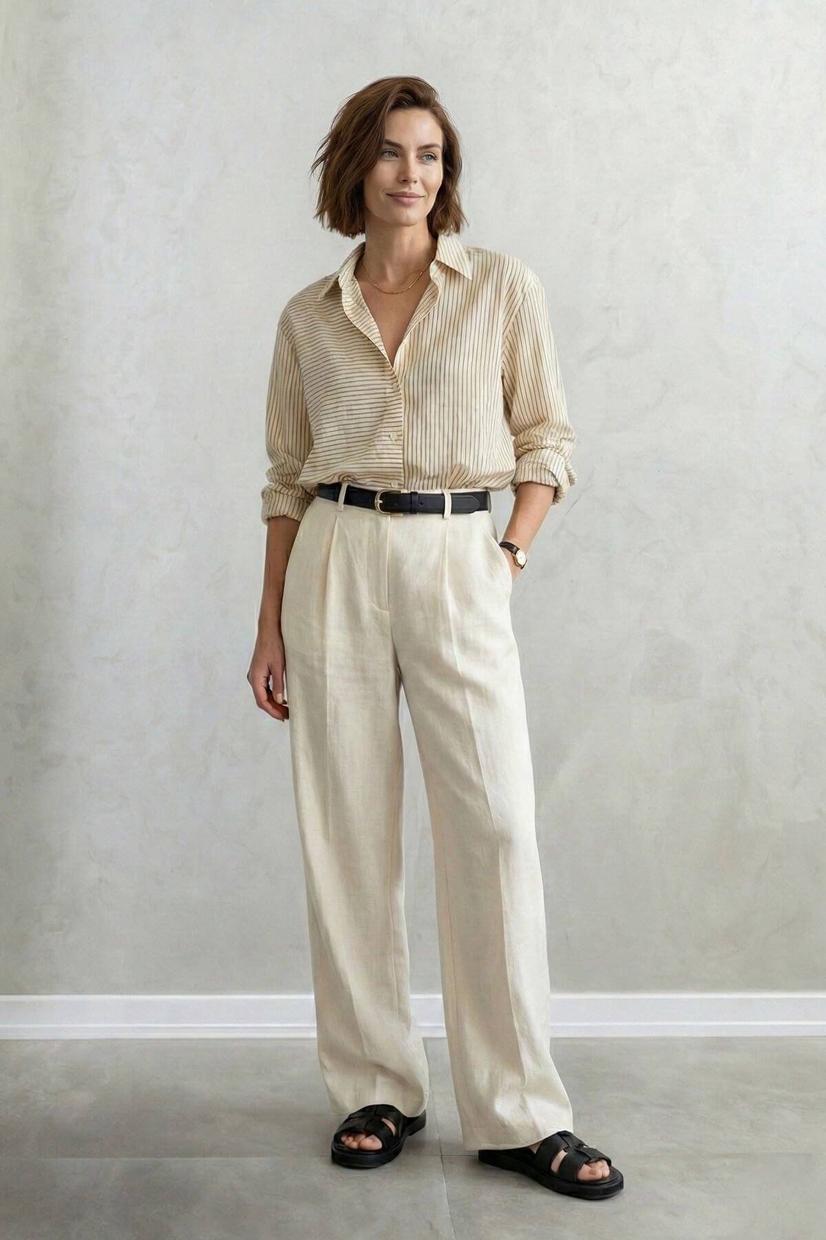 Ekru Çizgili Basic Gömlek