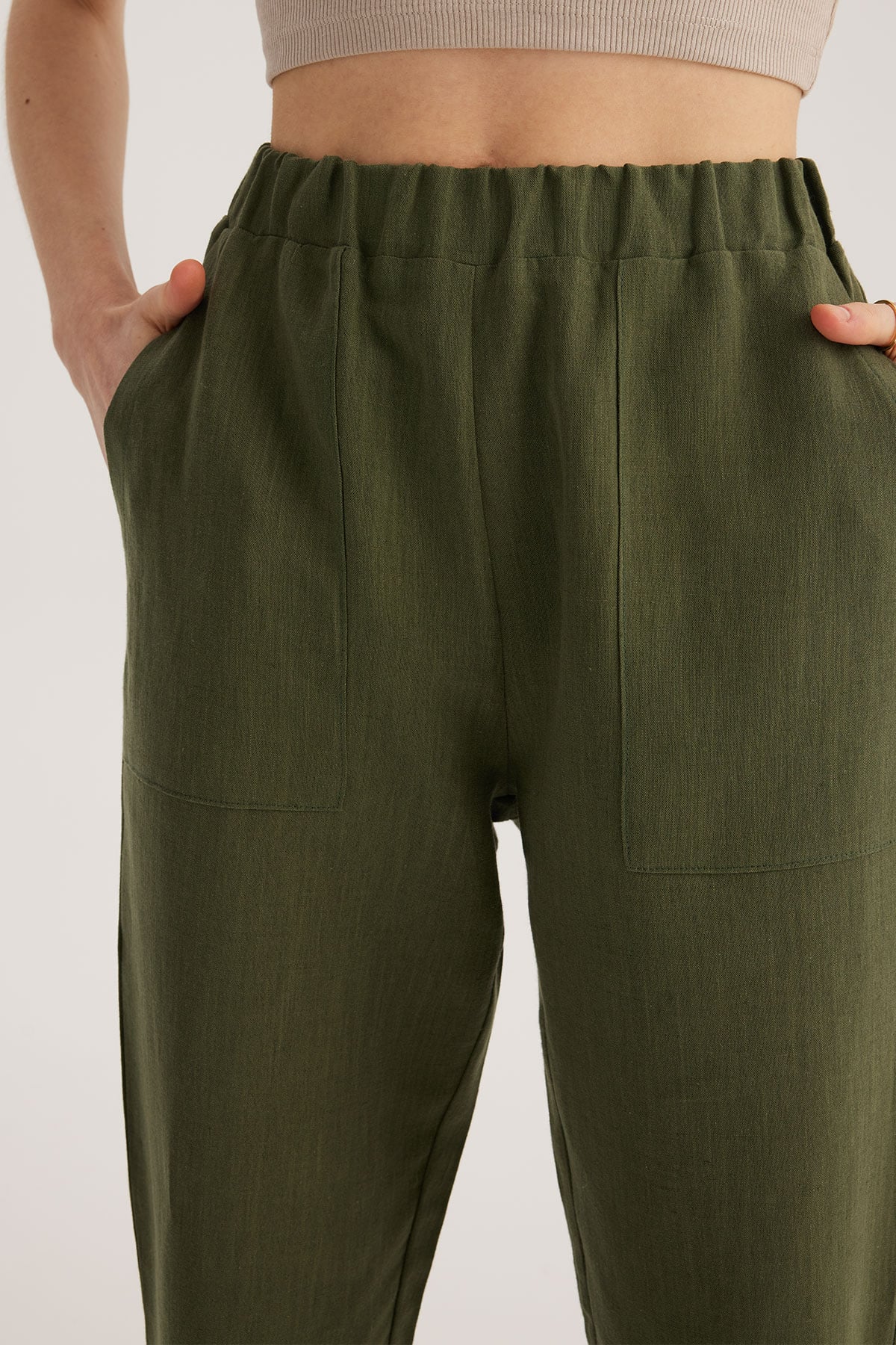 Haki Keten Karışımlı Jogger Pantolon