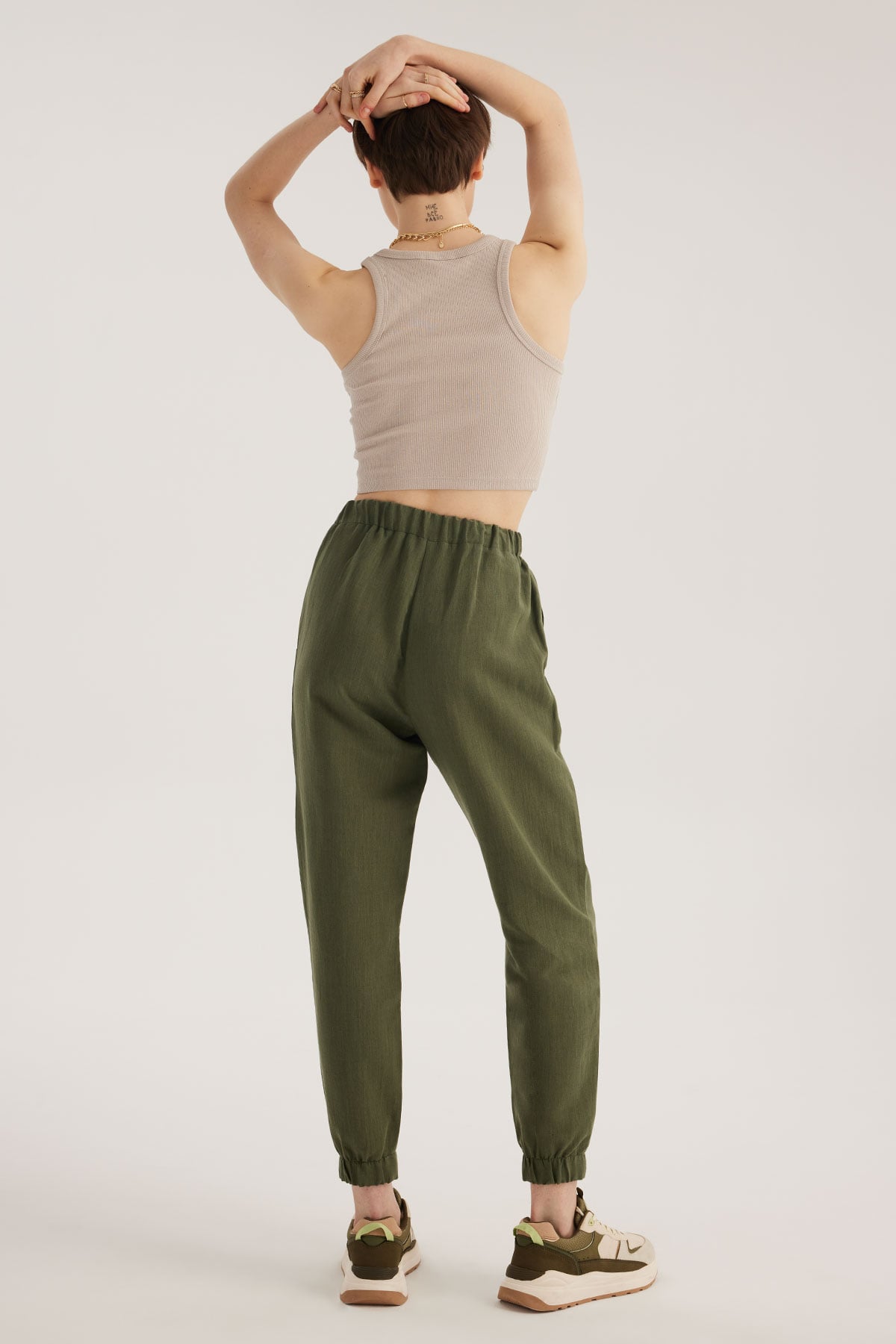 Haki Keten Karışımlı Jogger Pantolon