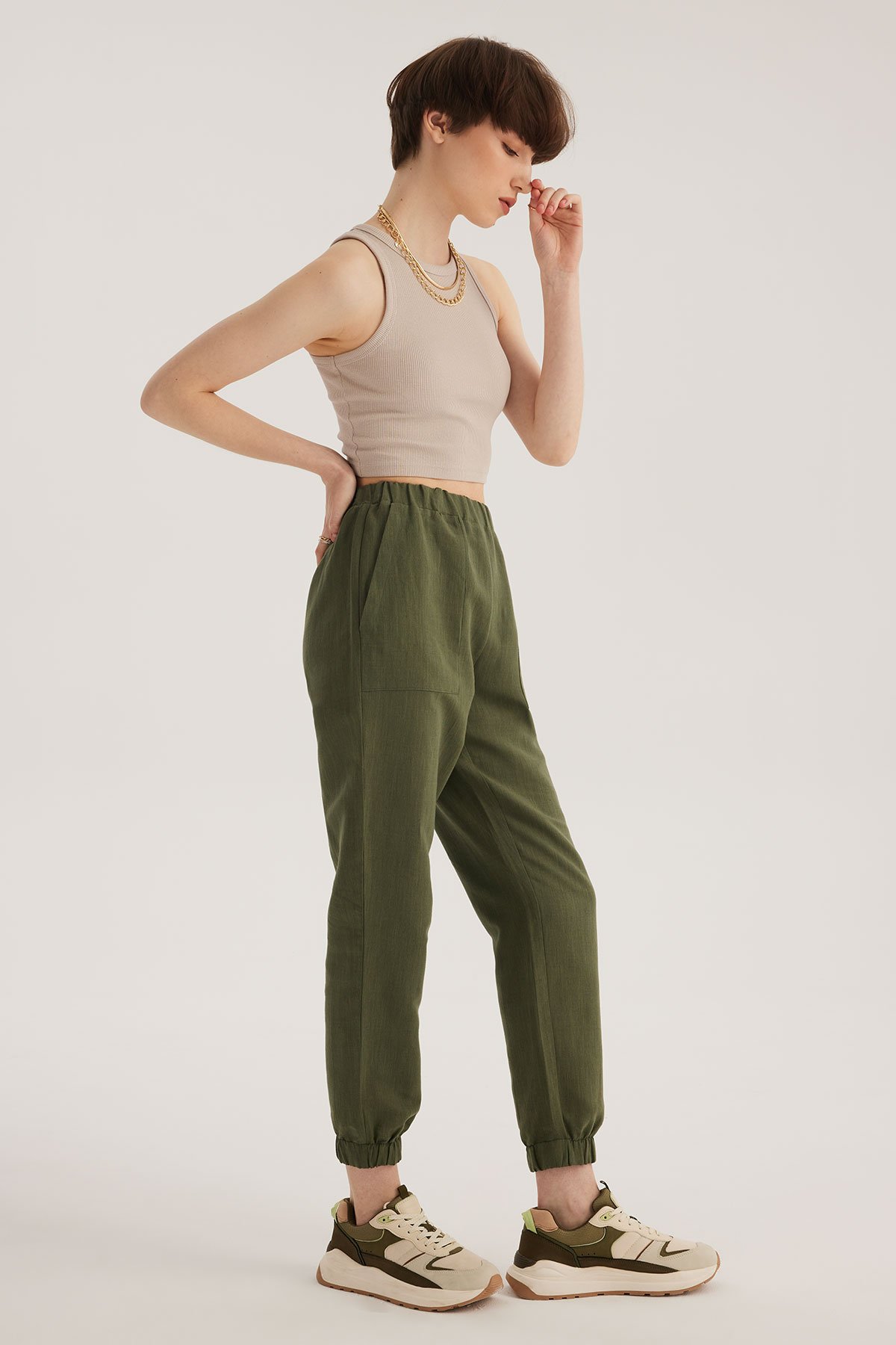 Haki Keten Karışımlı Jogger Pantolon