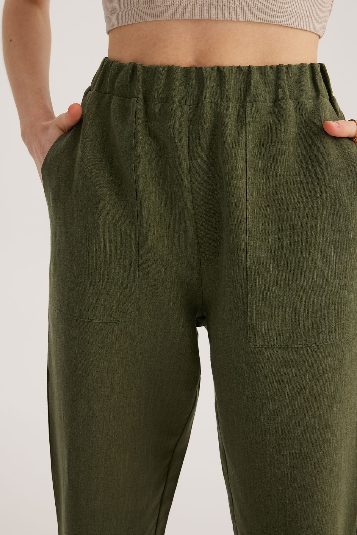 Haki Keten Karışımlı Jogger Pantolon
