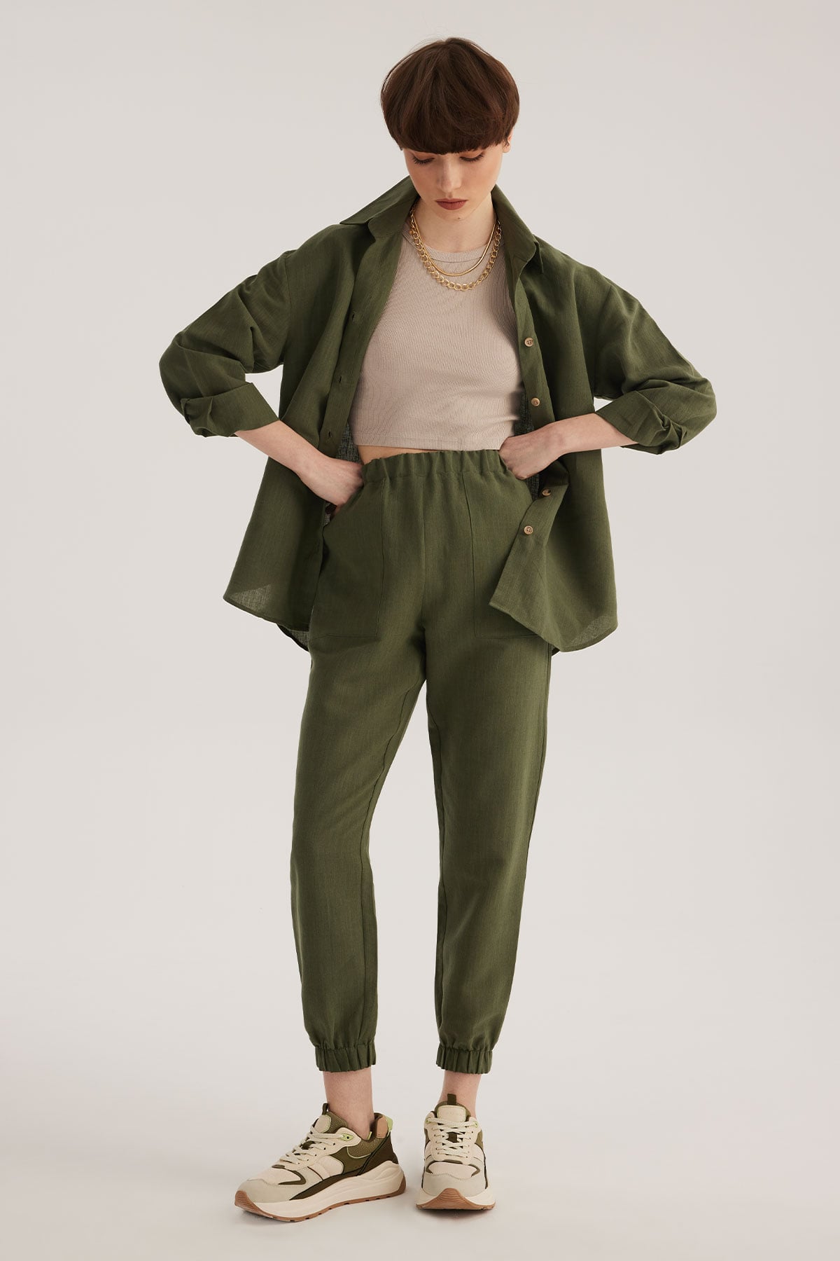 Haki Keten Karışımlı Jogger Pantolon