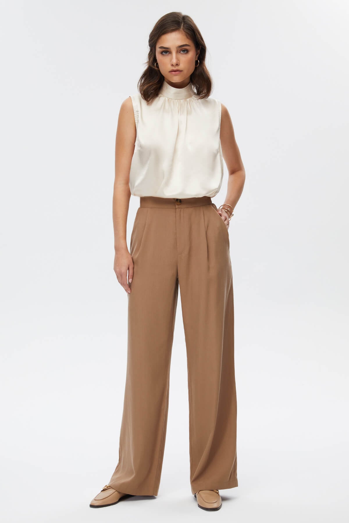 Kahverengi Pileli Wide Leg Pantolon