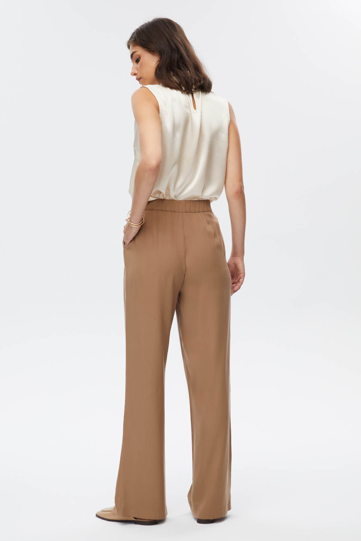 Kahverengi Pileli Wide Leg Pantolon