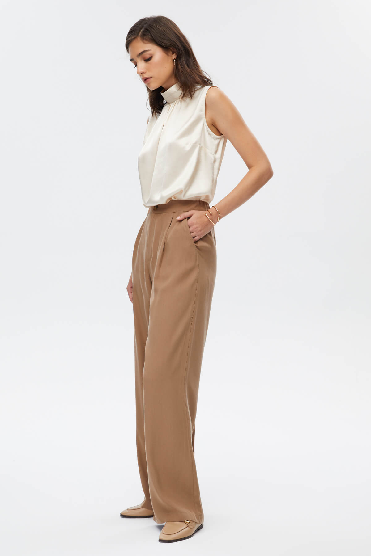 Kahverengi Pileli Wide Leg Pantolon