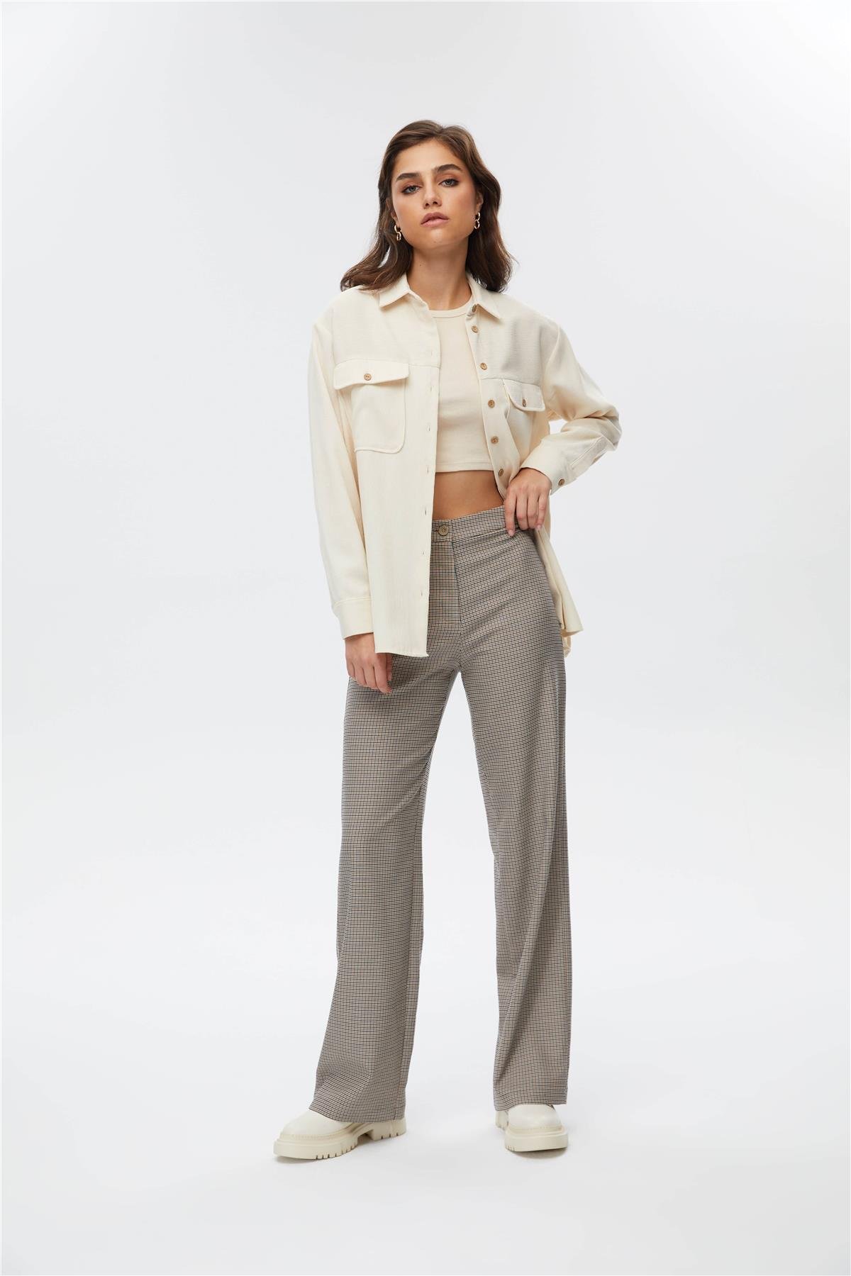 Kahverengi Pötikare Wide Leg Pantolon