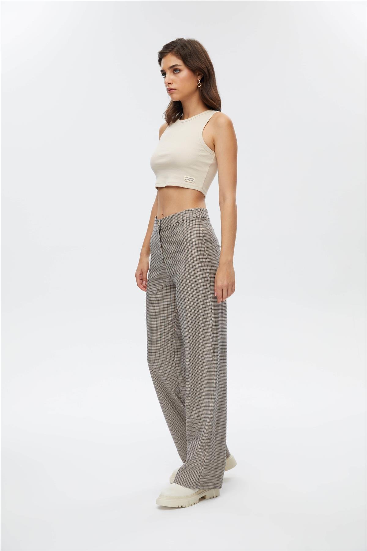 Kahverengi Pötikare Wide Leg Pantolon