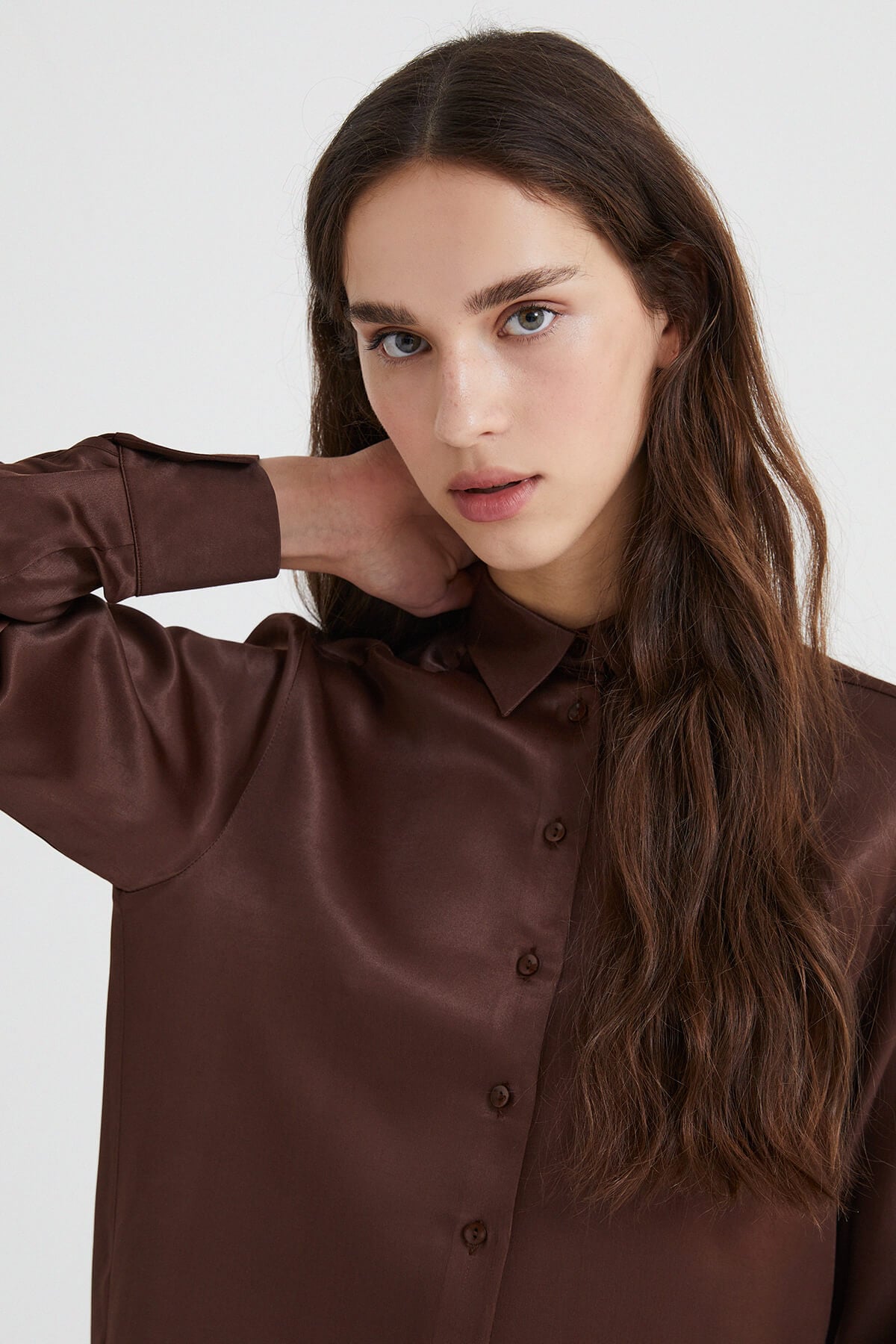 Kahverengi Saten Dokuma Gömlek