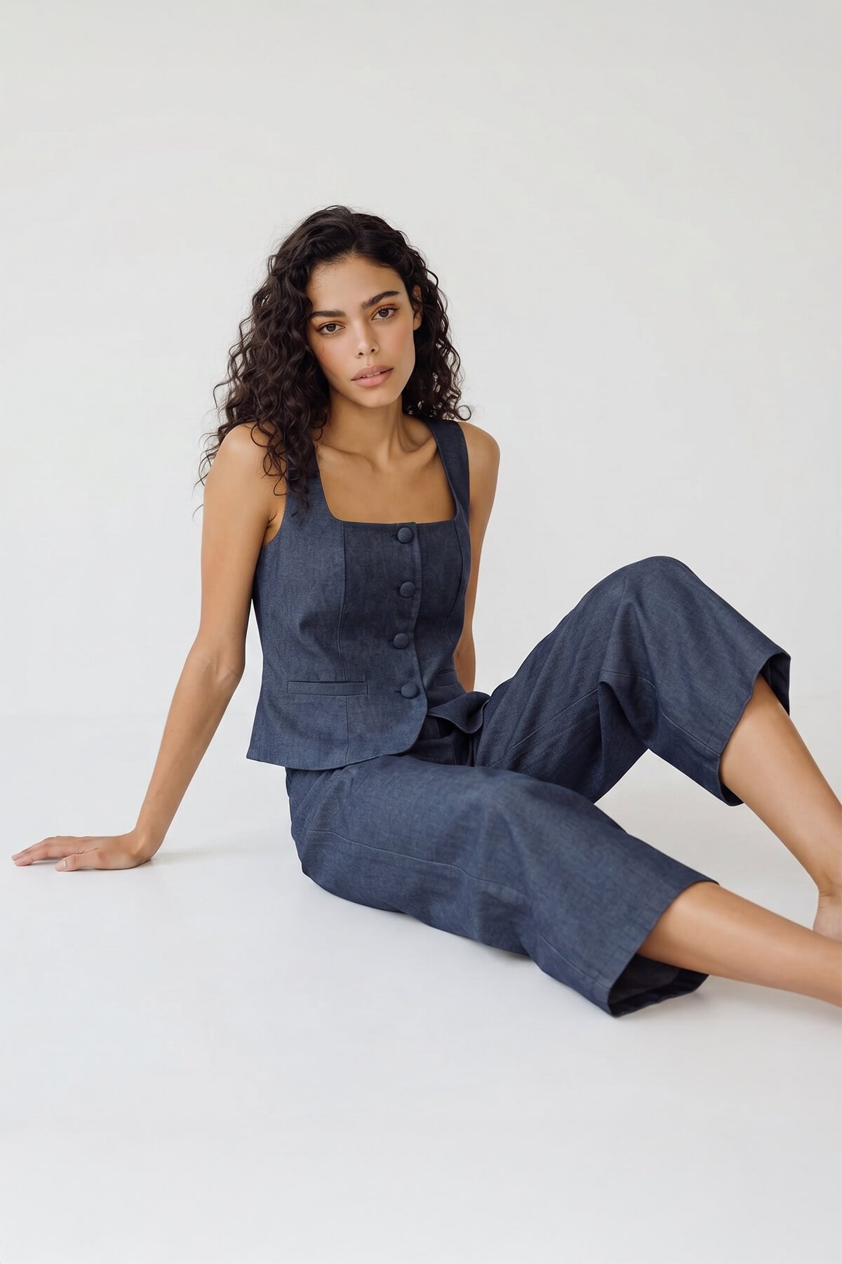 Koyu Mavi Astarsız Kare Yaka Yelek