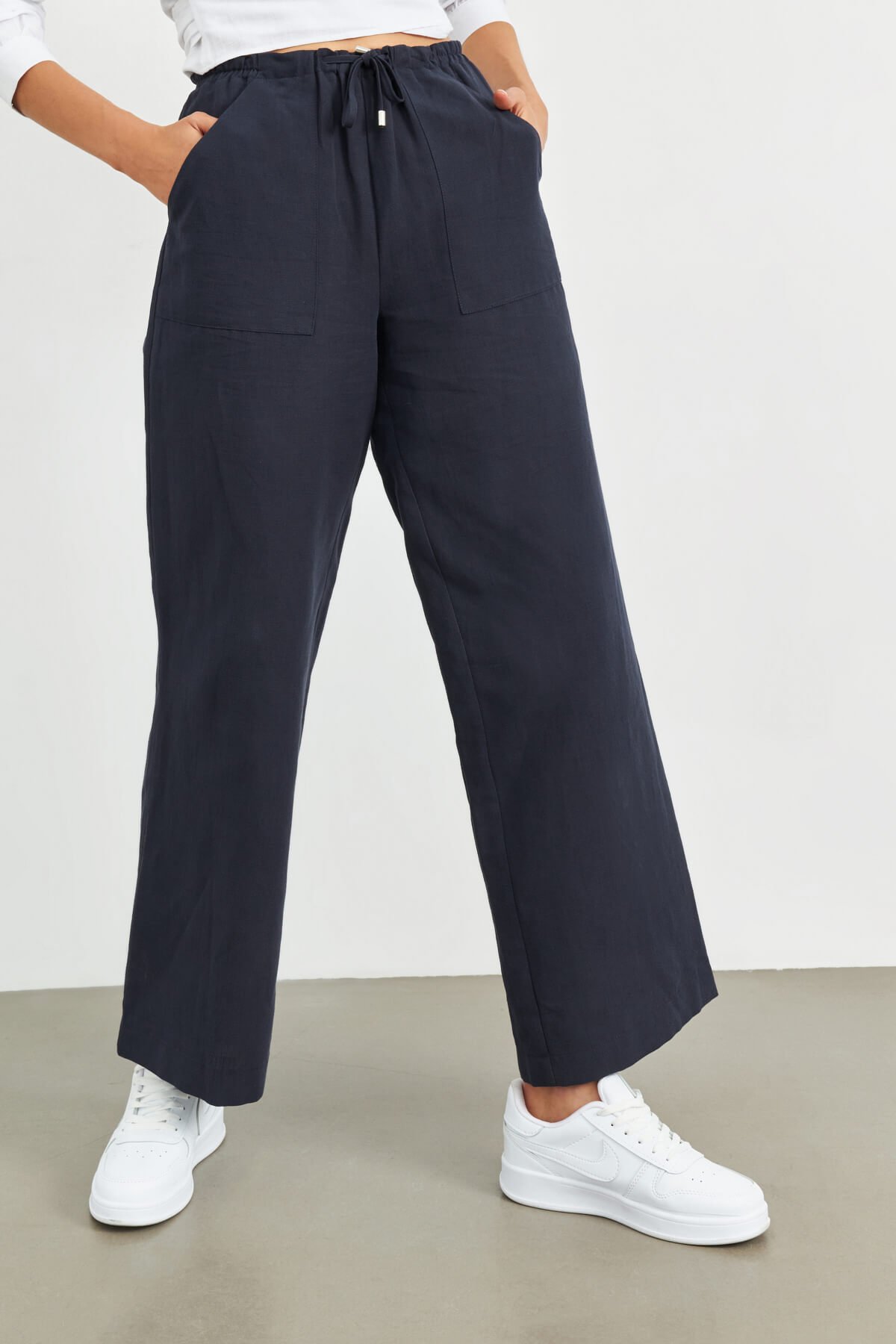Lacivert Beli Lastikli Keten Basic Pantolon