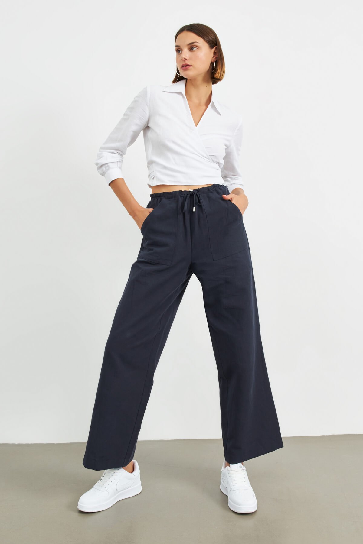 Lacivert Beli Lastikli Keten Basic Pantolon