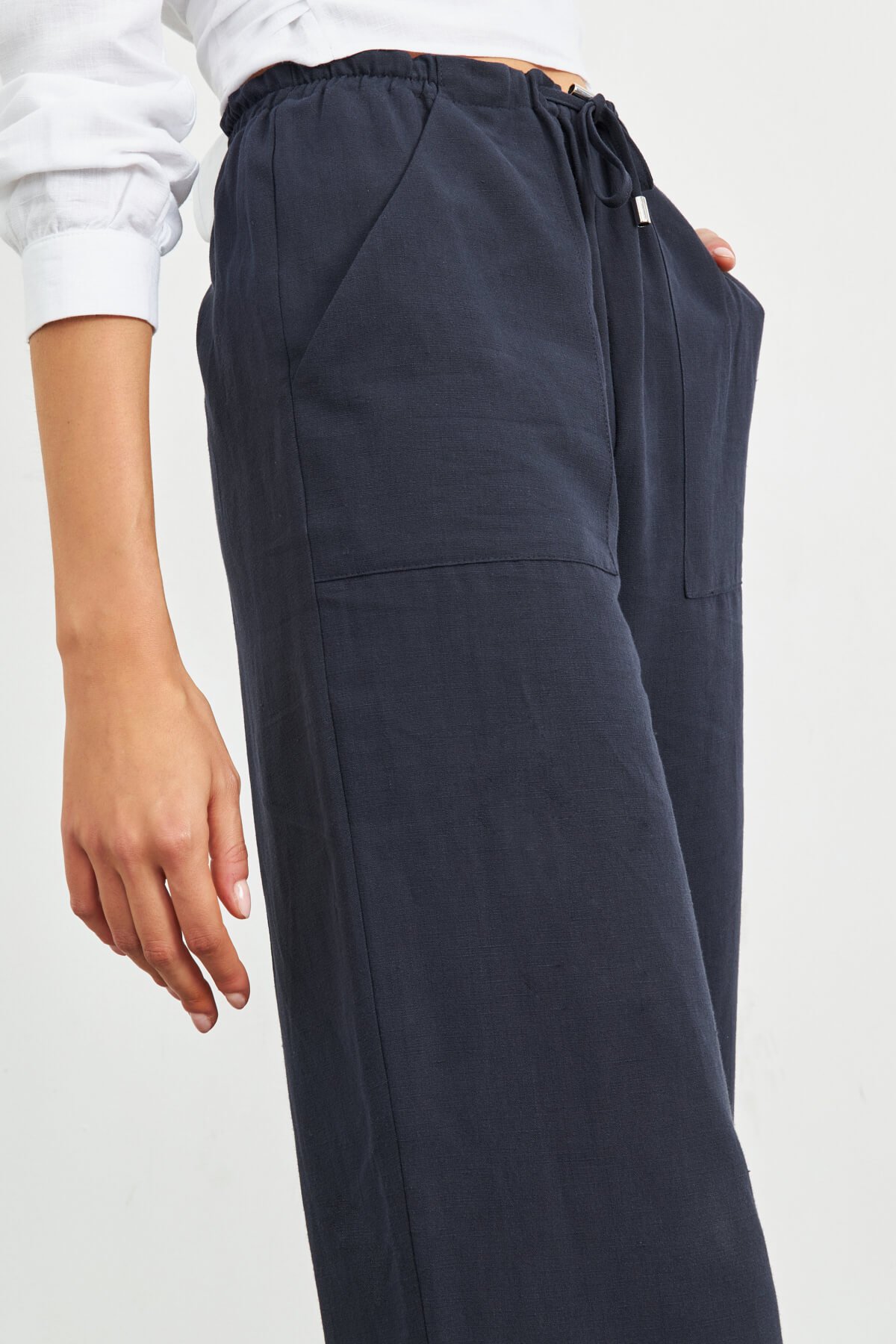 Lacivert Beli Lastikli Keten Basic Pantolon