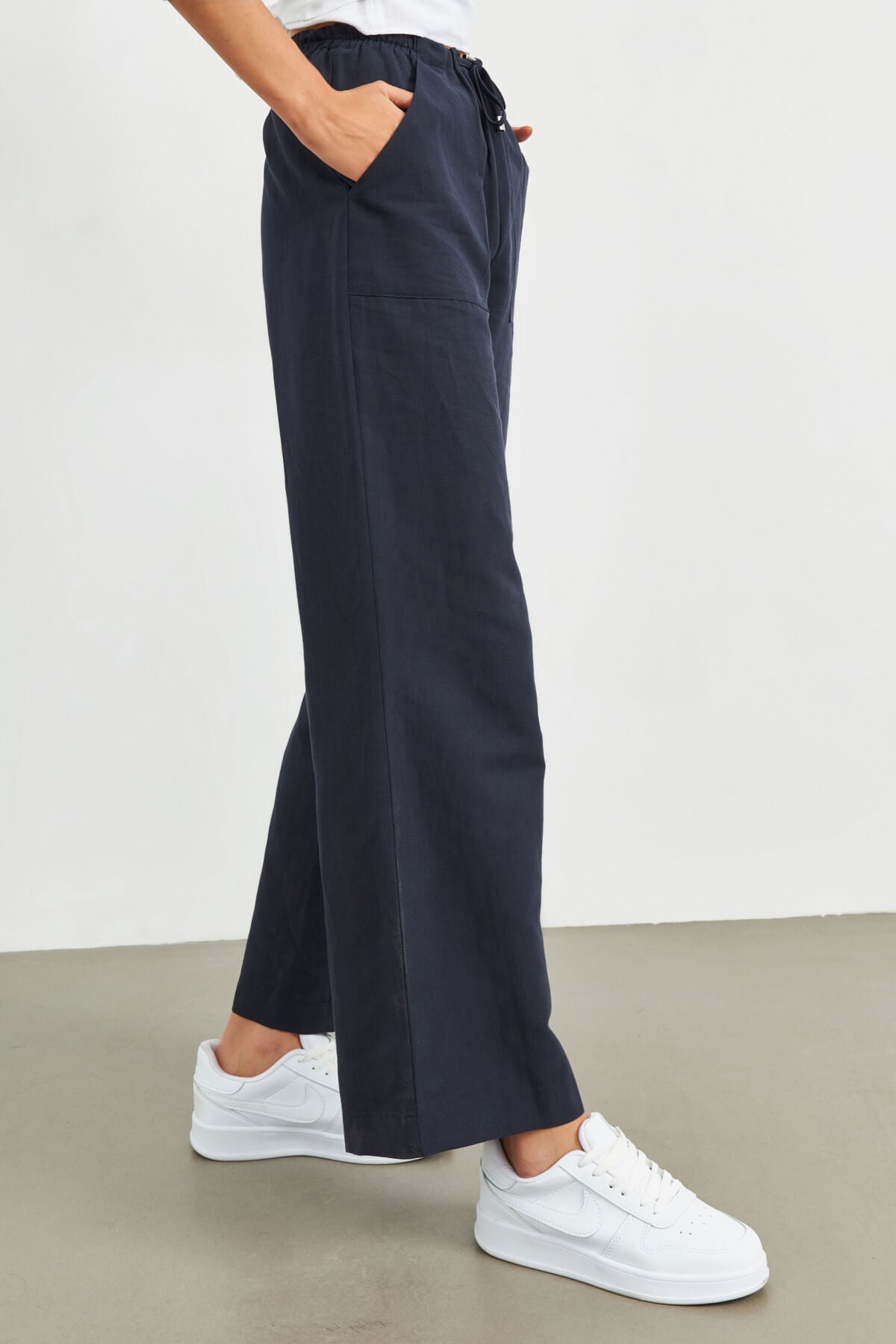 Lacivert Beli Lastikli Keten Basic Pantolon