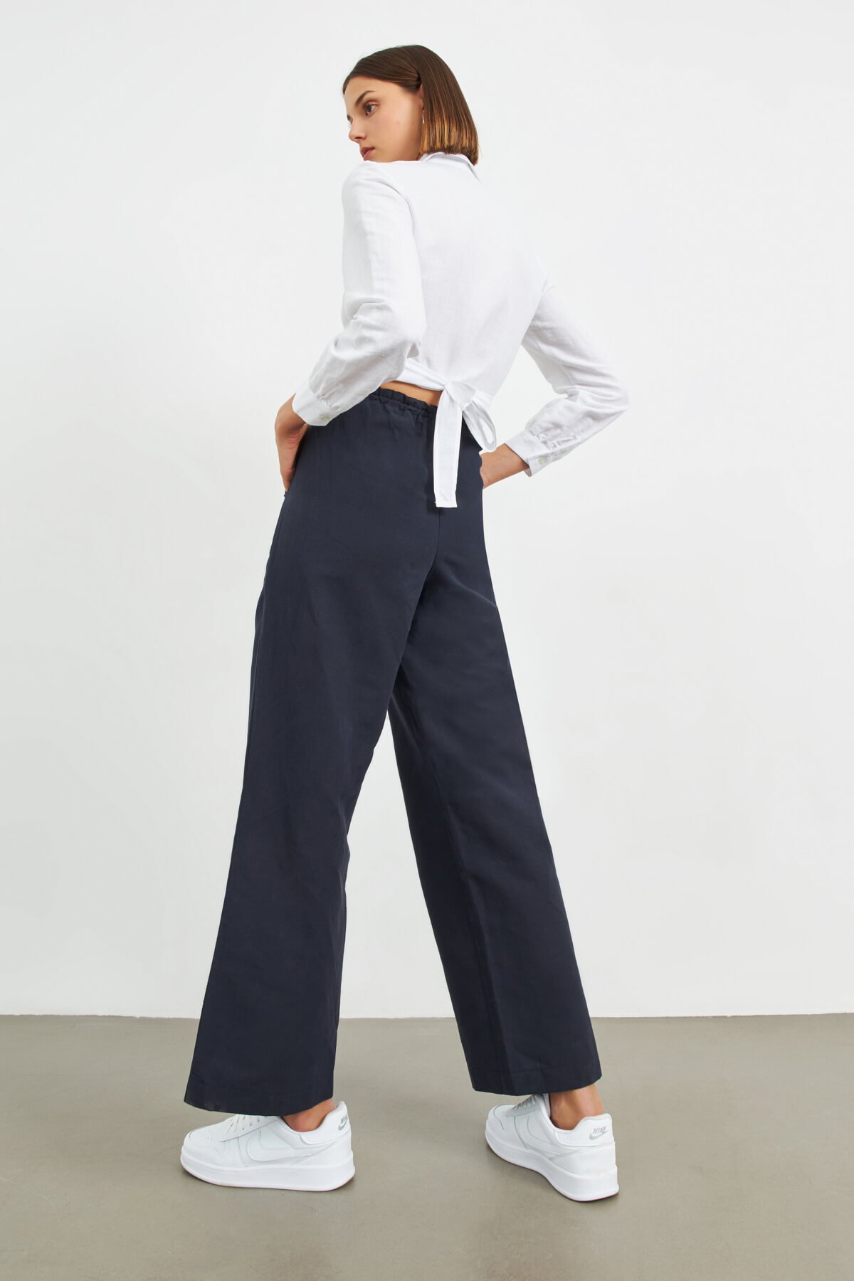 Lacivert Beli Lastikli Keten Basic Pantolon