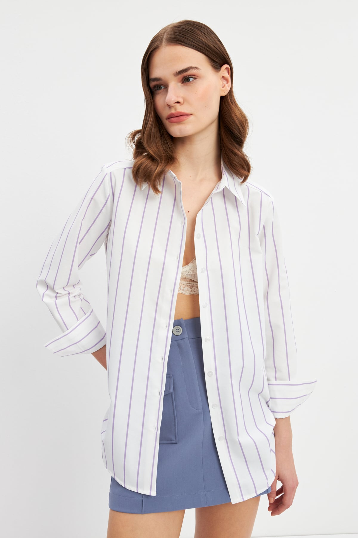 Lila Çizgili Basic Gömlek