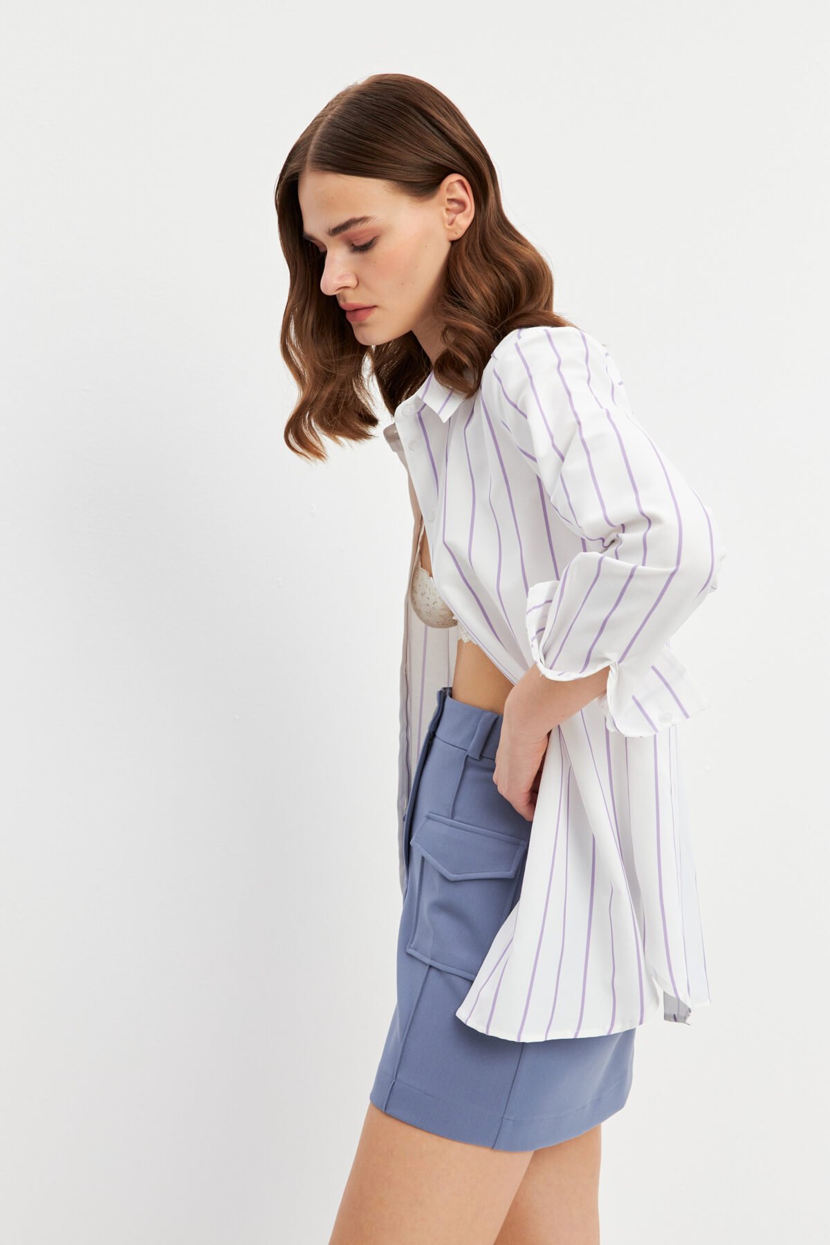 Lila Çizgili Basic Gömlek