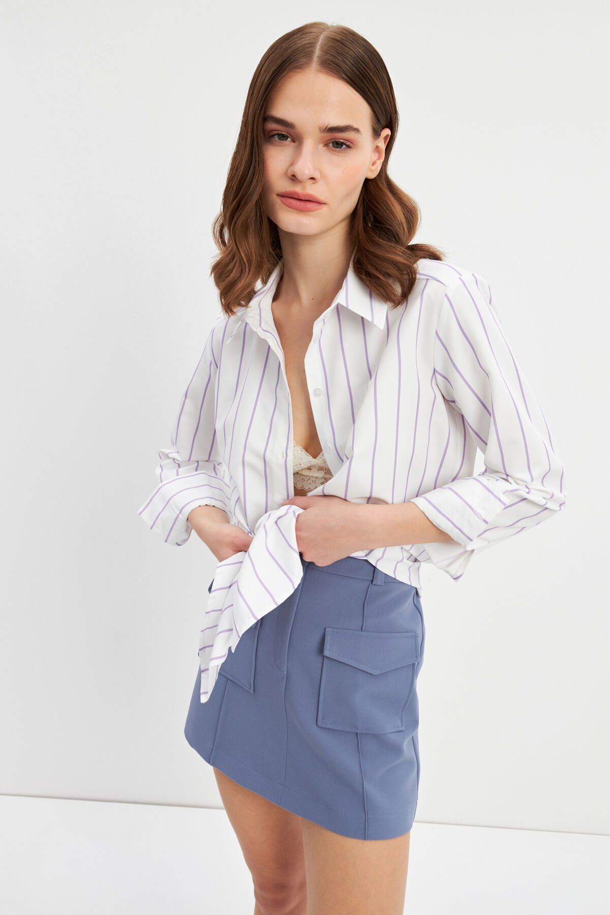 Lila Çizgili Basic Gömlek