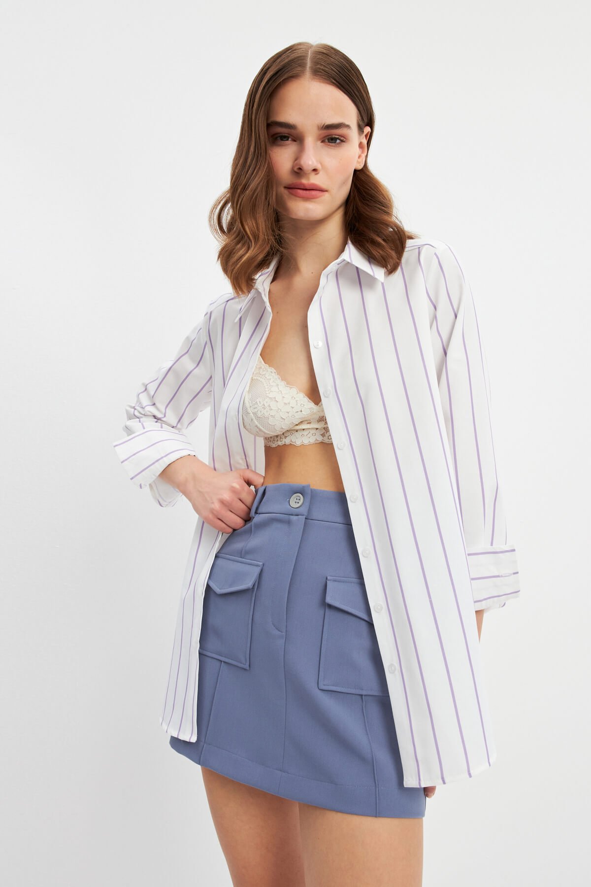 Lila Çizgili Basic Gömlek