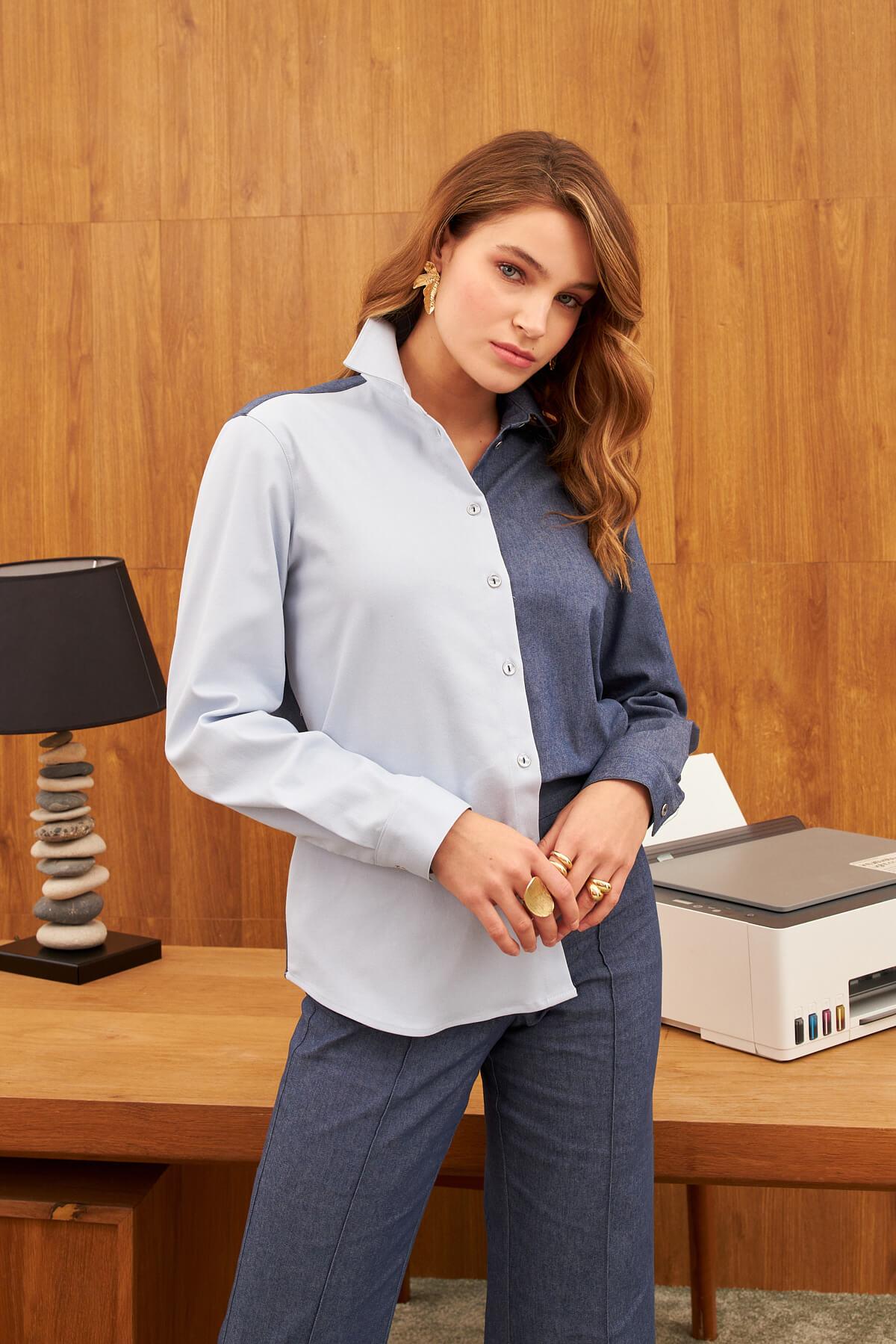 Mavi Çift Renk Rahat Gömlek