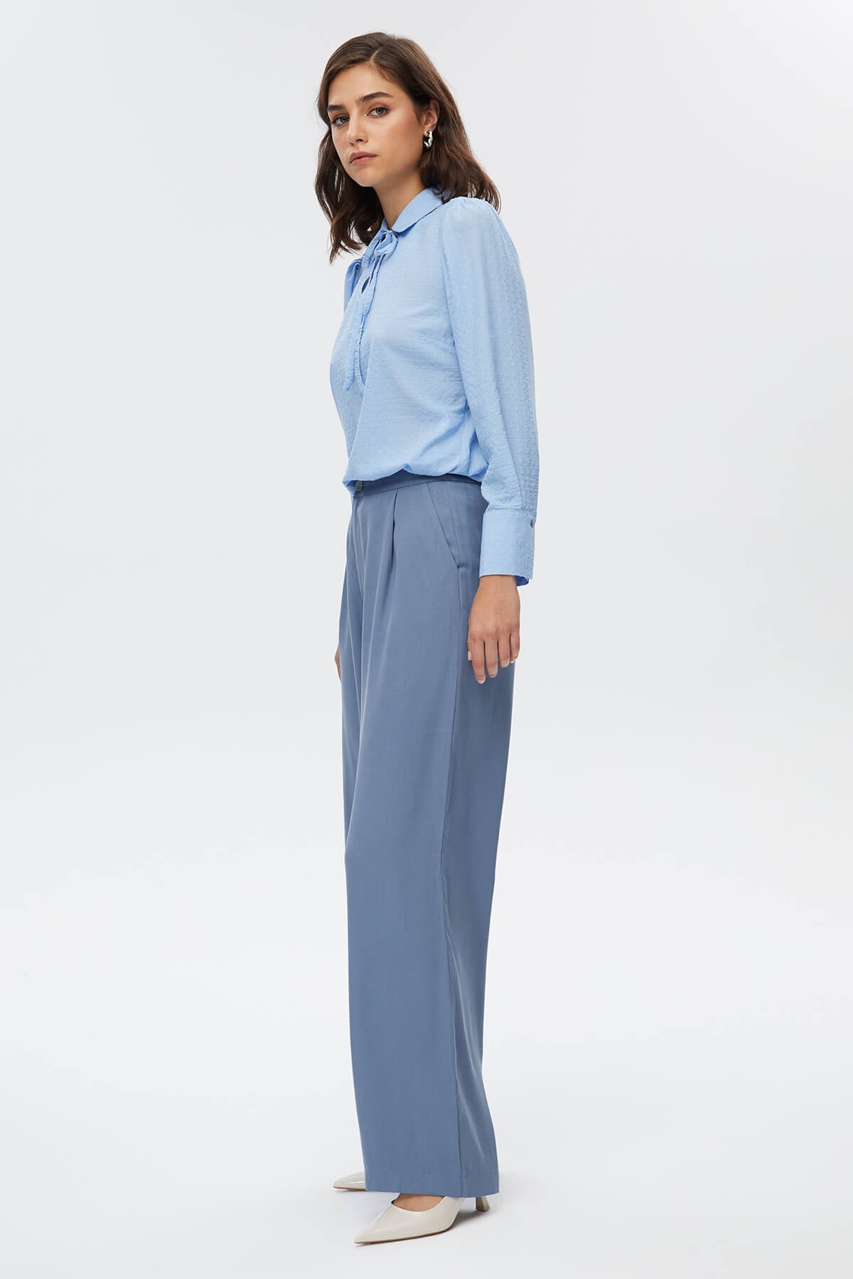Mavi Pileli Wide Leg Pantolon
