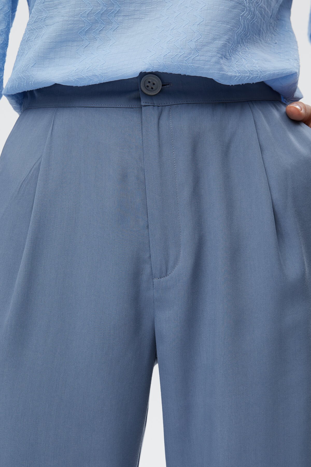 Mavi Pileli Wide Leg Pantolon