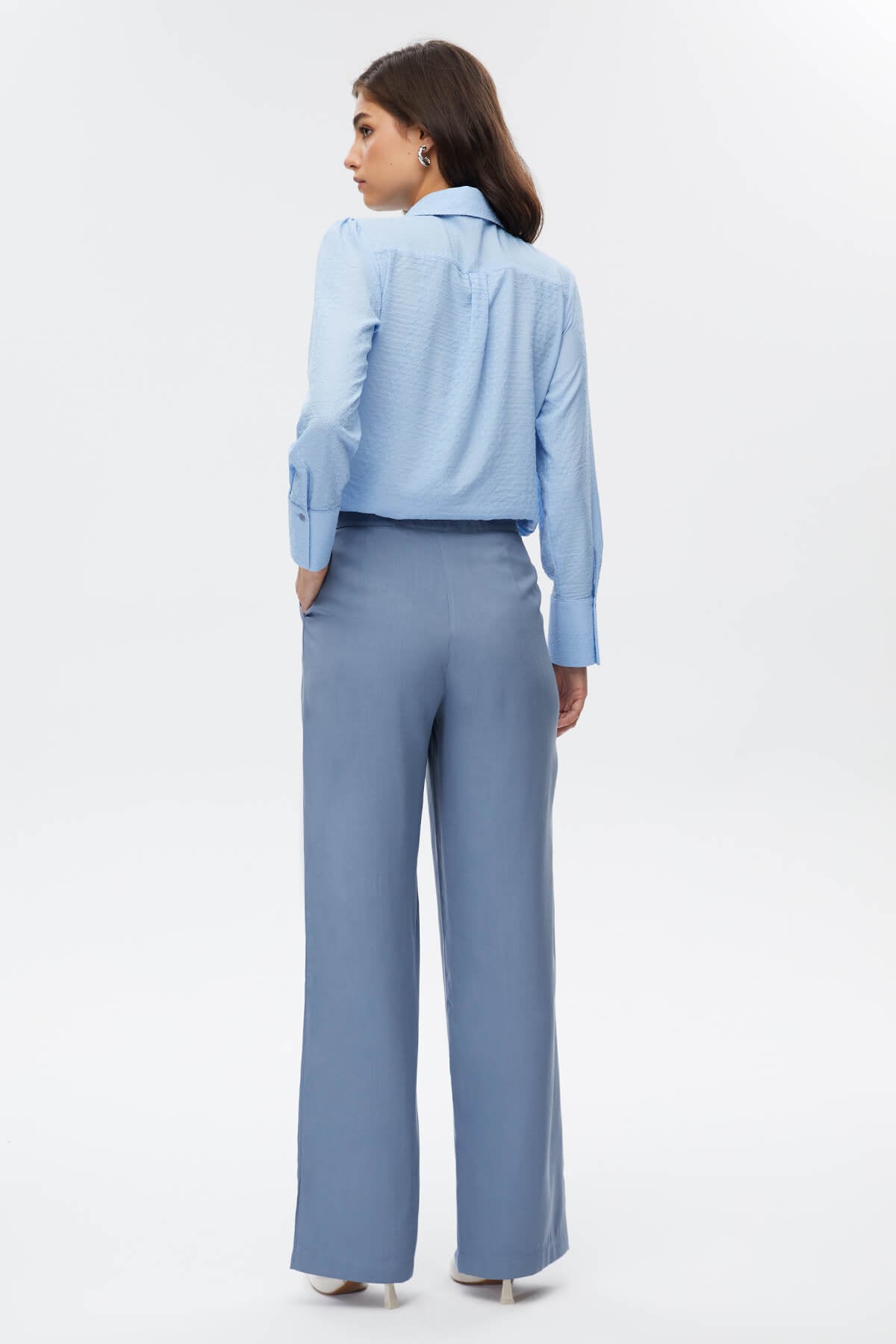 Mavi Pileli Wide Leg Pantolon