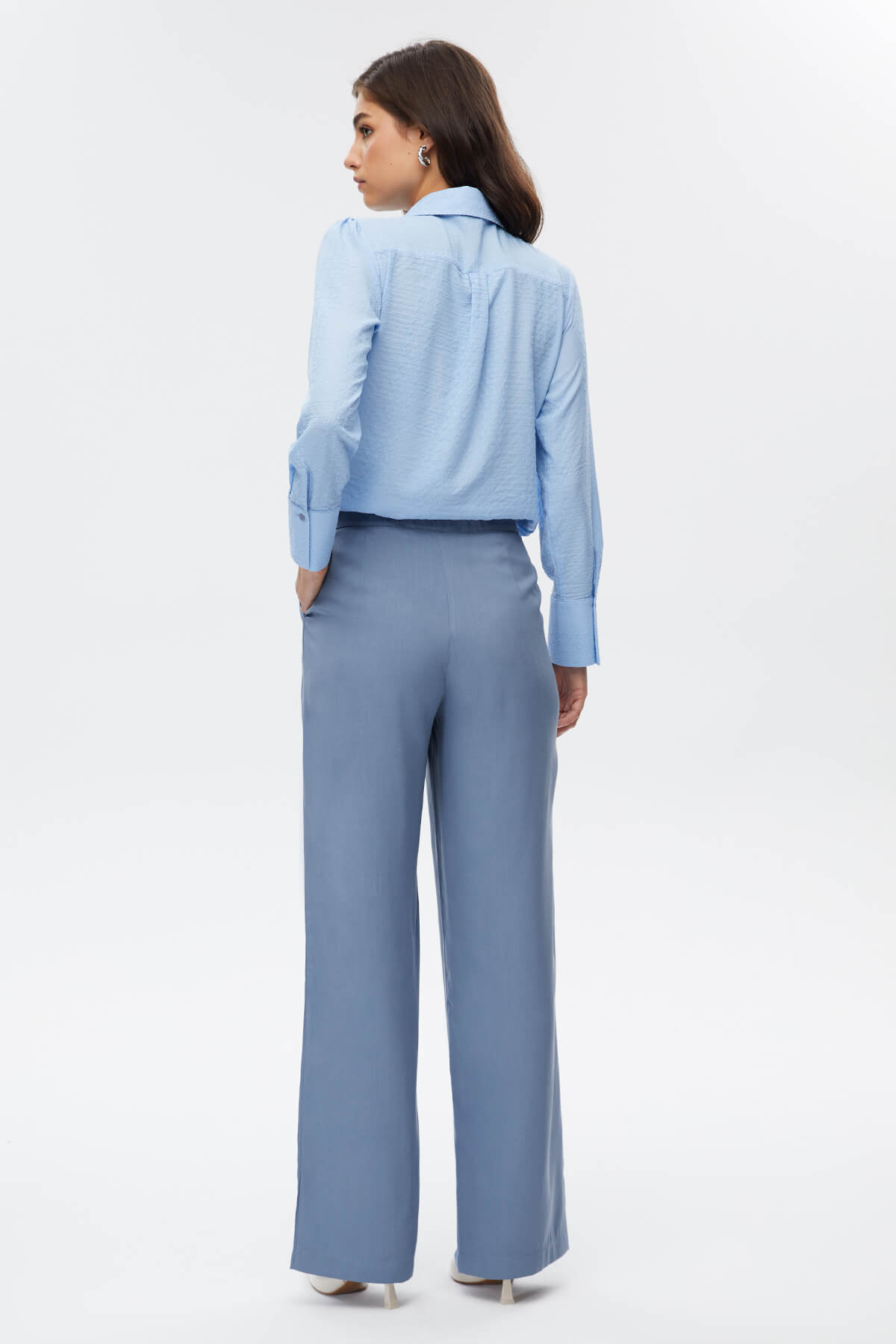 Mavi Pileli Wide Leg Pantolon