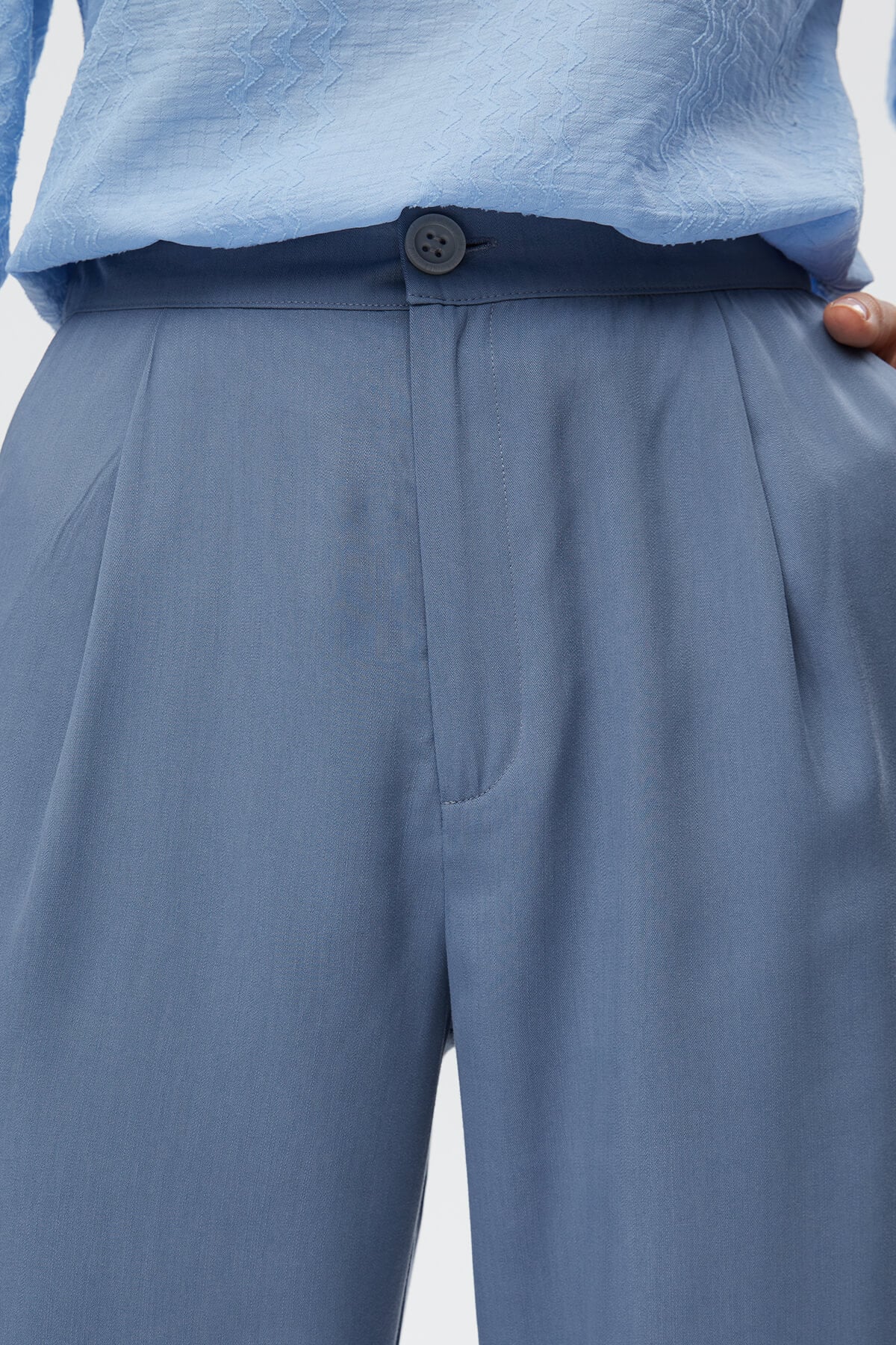 Mavi Pileli Wide Leg Pantolon