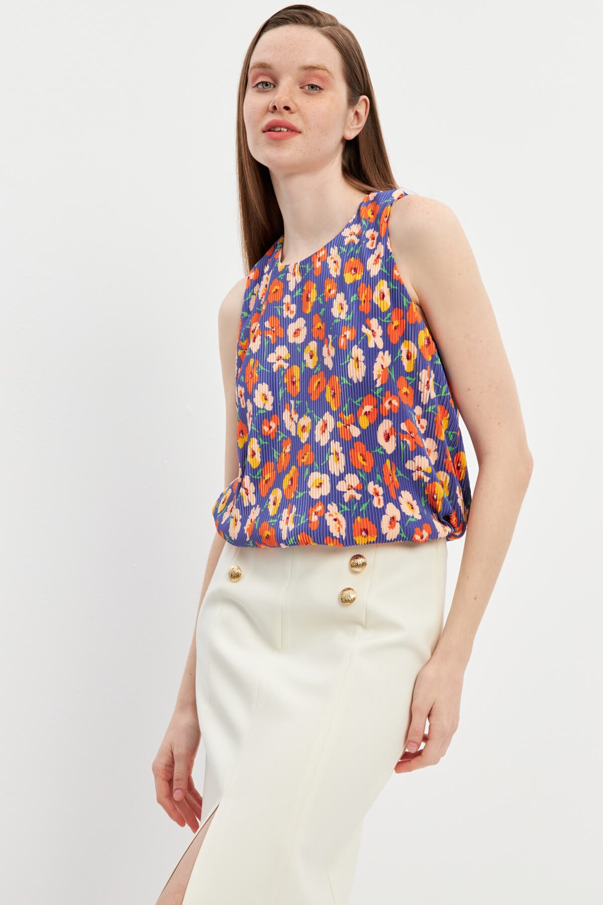 Mor Astarlı Pliseli Bluz