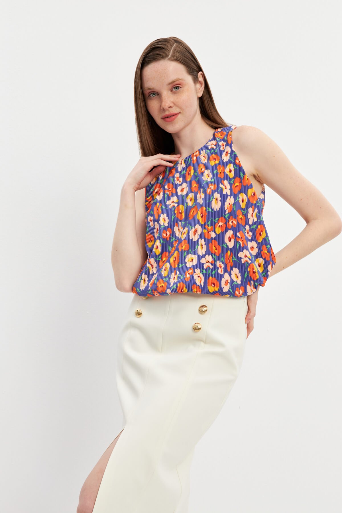 Mor Astarlı Pliseli Bluz