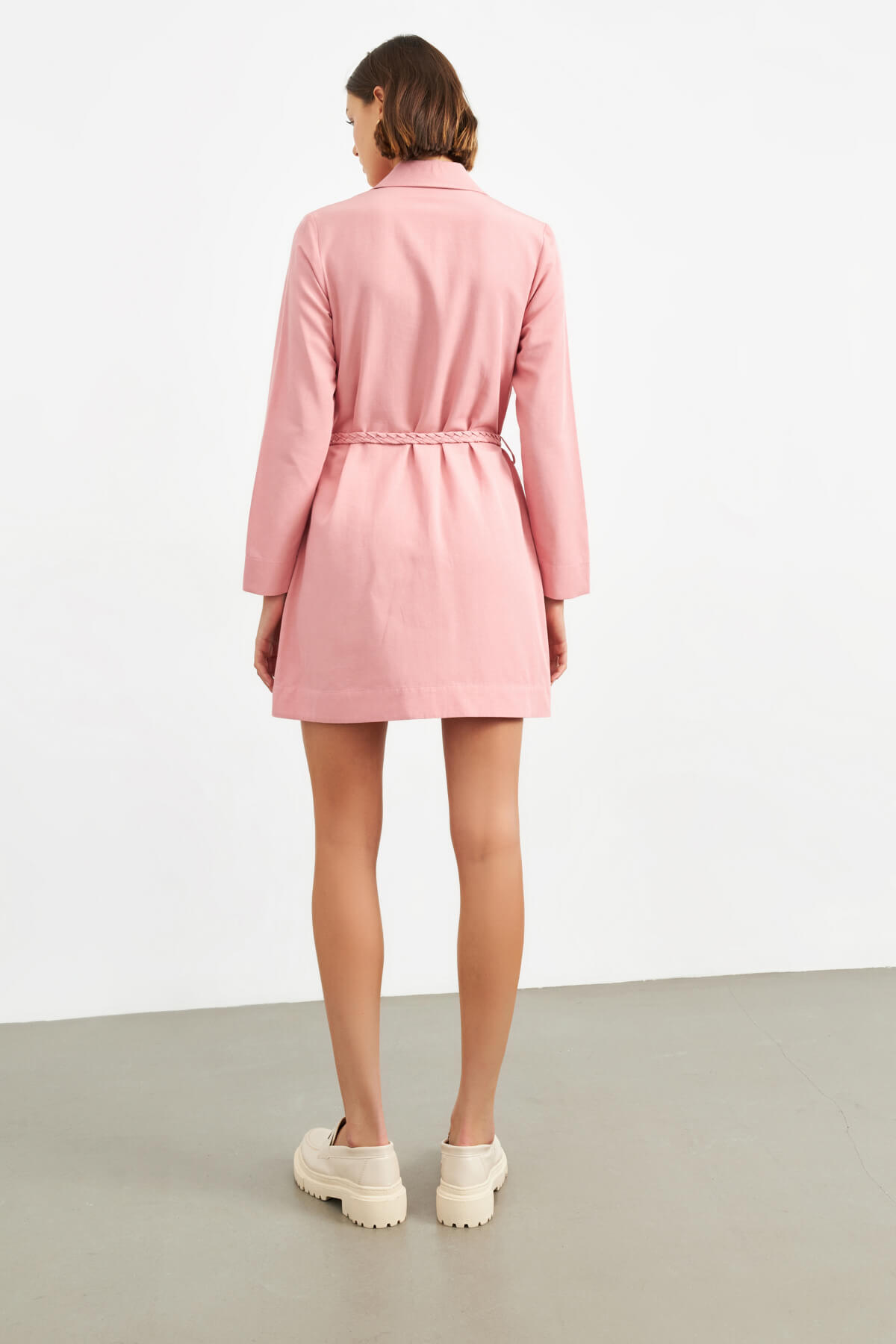 Pembe Örgü Kemerli Tunik Elbise