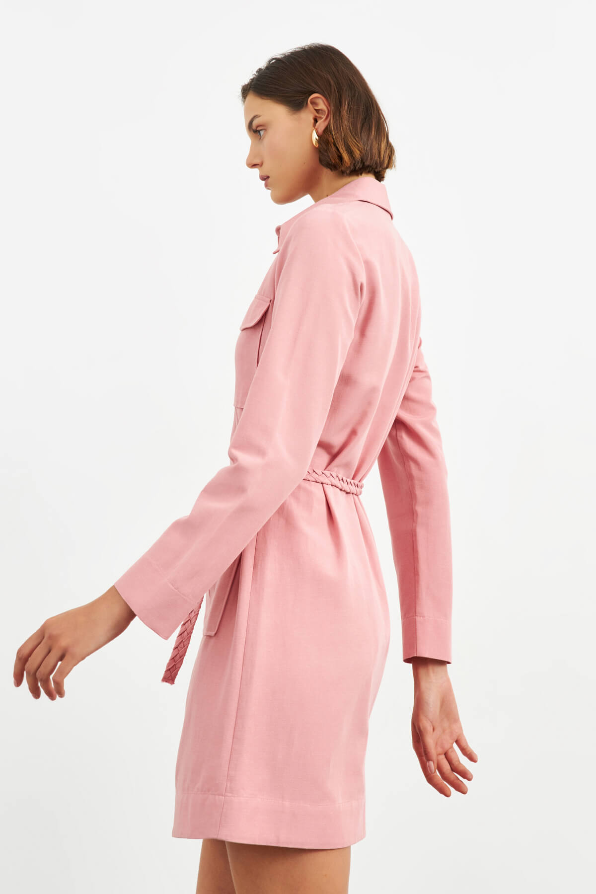 Pembe Örgü Kemerli Tunik Elbise