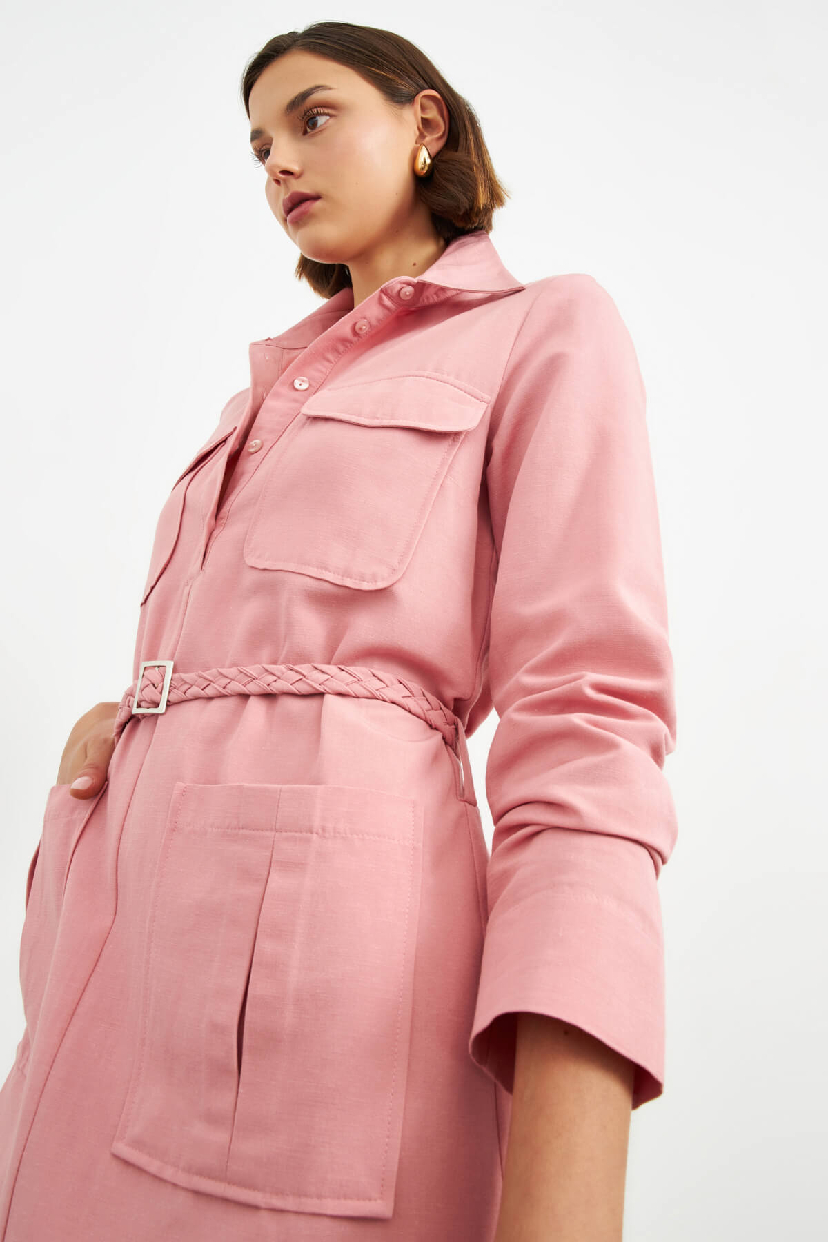 Pembe Örgü Kemerli Tunik Elbise