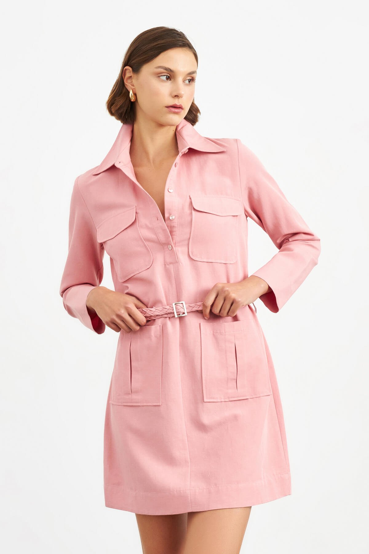 Pembe Örgü Kemerli Tunik Elbise