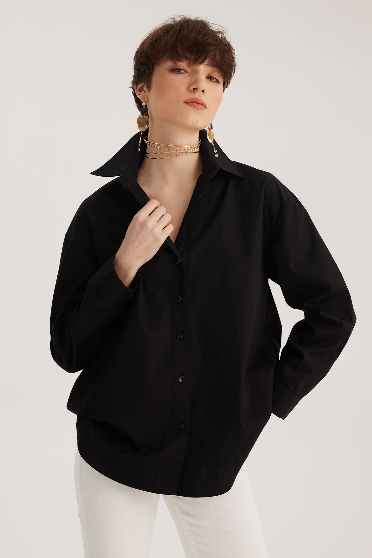 Siyah Oversize Poplin Gömlek