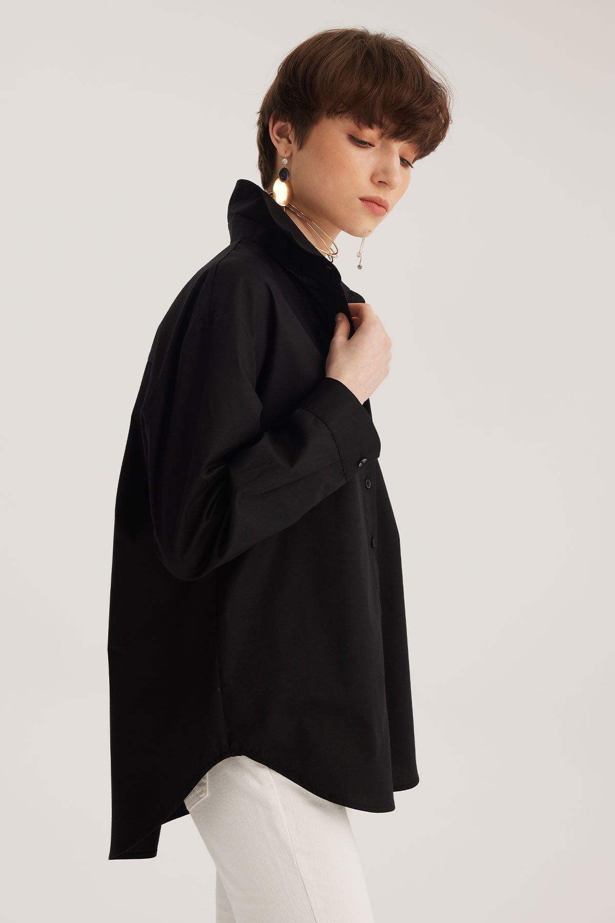 Siyah Oversize Poplin Gömlek