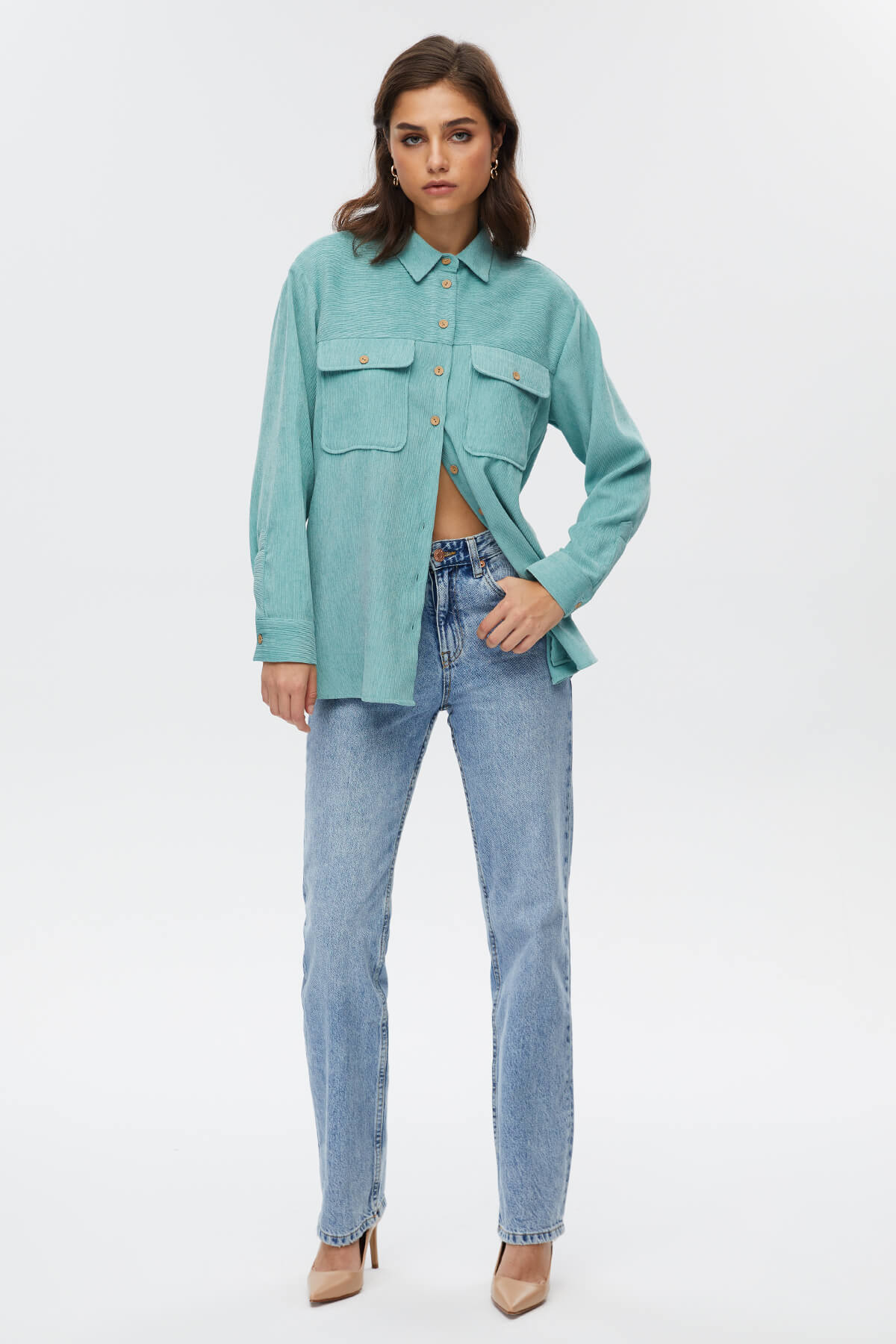 Turkuaz Düğme Detaylı Gömlek